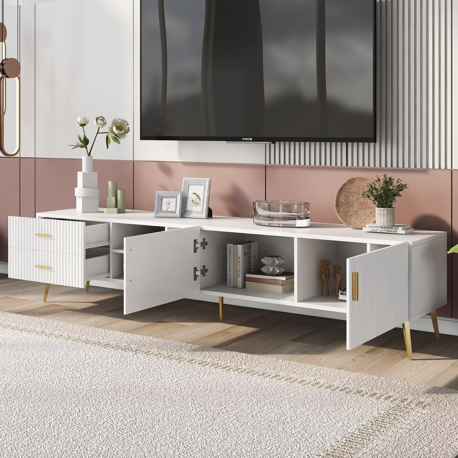 Dolamaní Mobile TV 180 cm Bianco Oro con Cassetti stile moderno