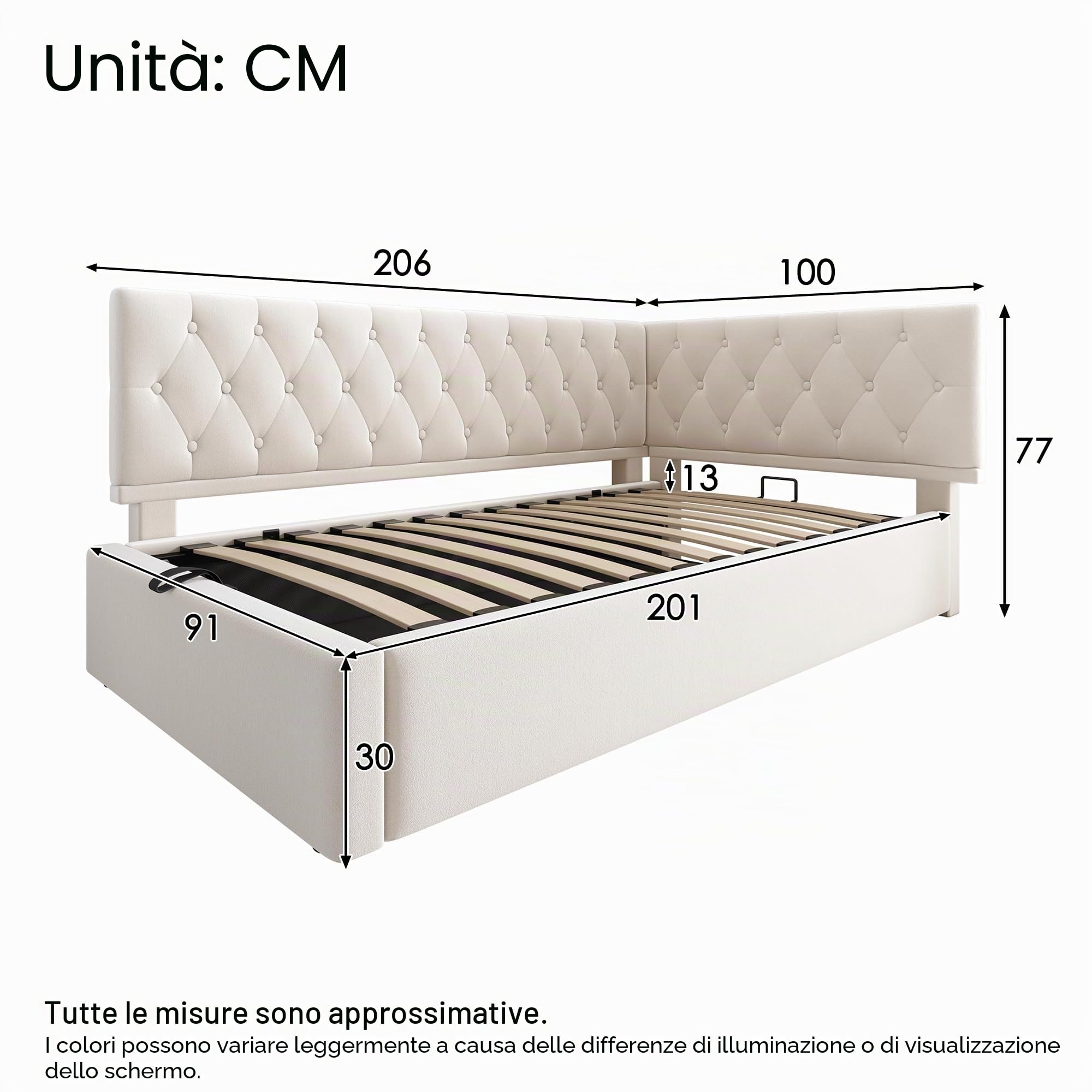 Dolamaní Letto Contenitore 90x200 Velluto Beige con Rete