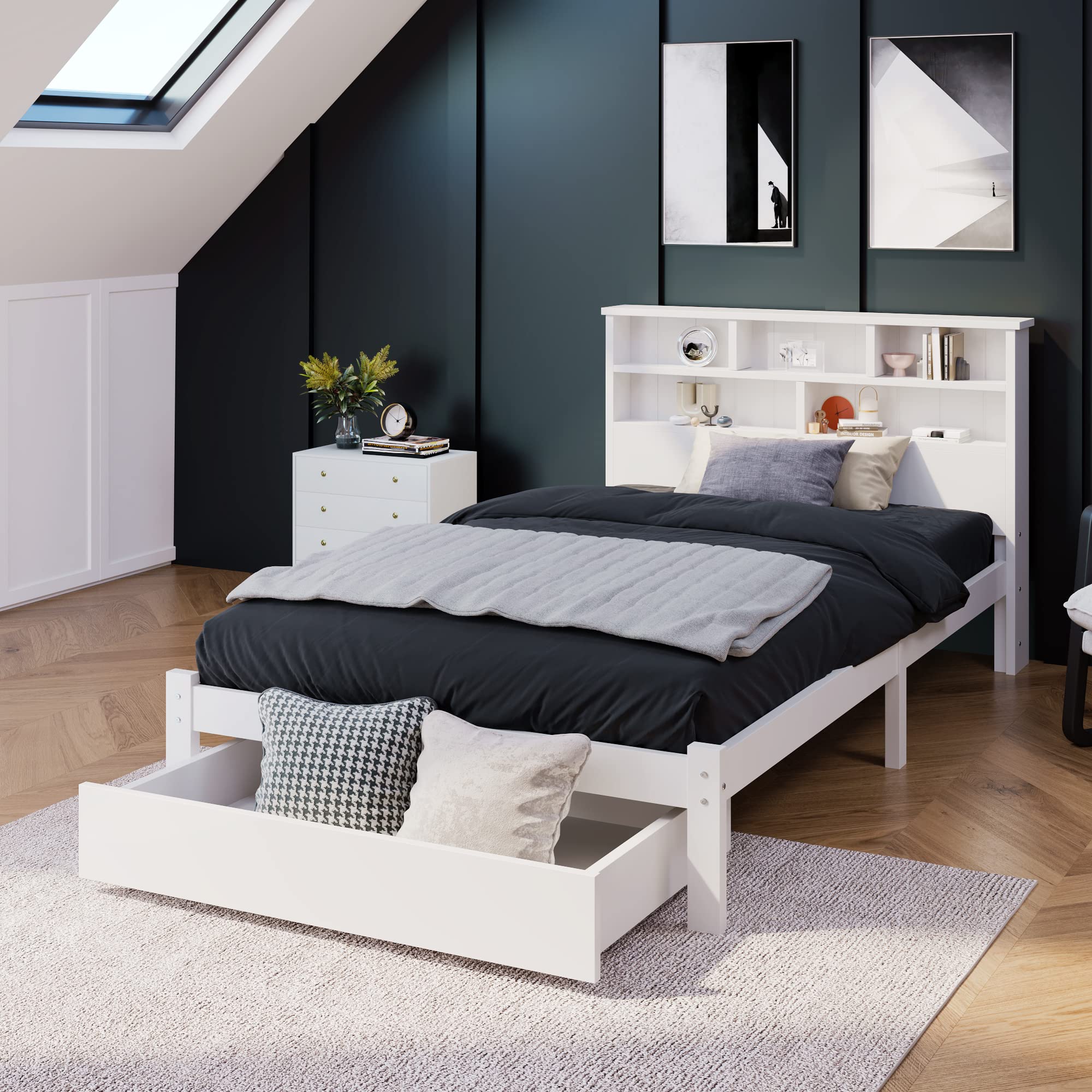 Dolamaní Letto Singolo Bianco 90x200 con Cassetti Legno