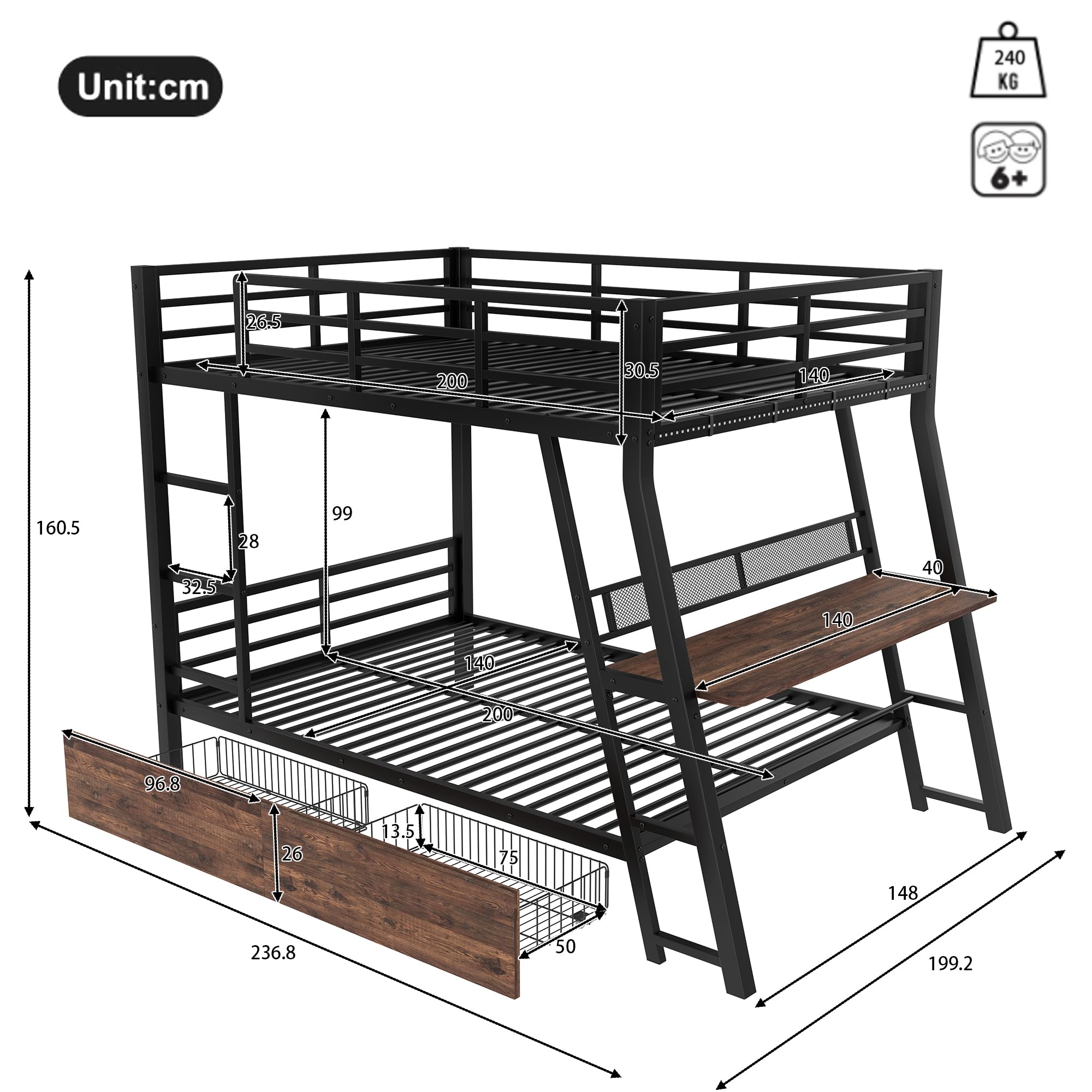 Dolamaní Letto a Soppalco 140x200 con Scrivania Nero in Metallo