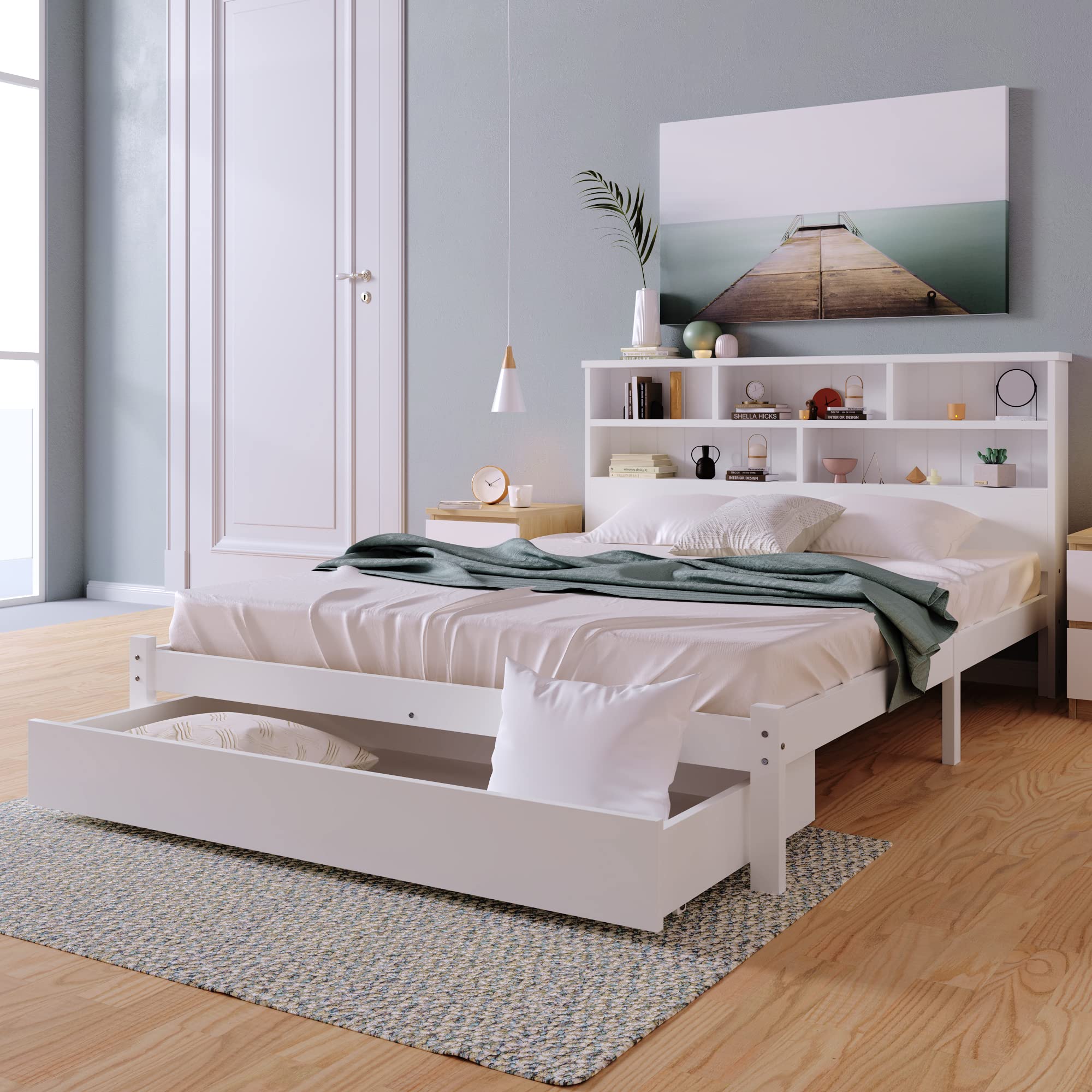 Dolamaní Letto Bianco 140x200 con Cassetti Legno Libreria