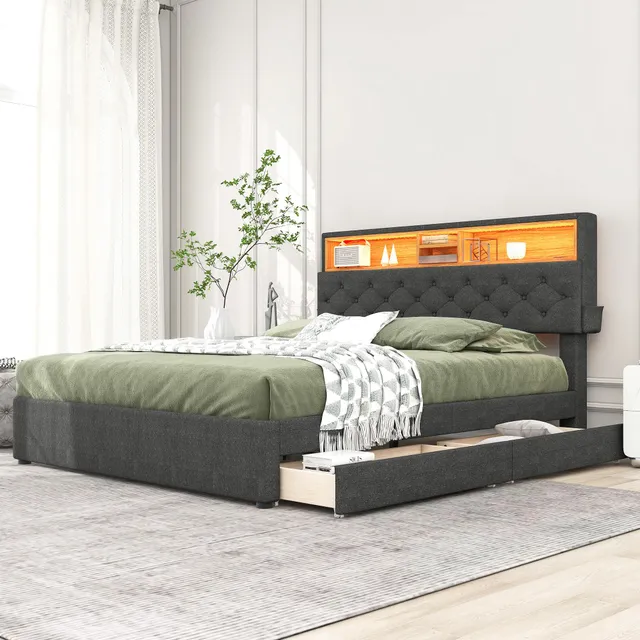 Dolamaní Letto Matrimoniale 140x200 Grigio con 2 Cassetti