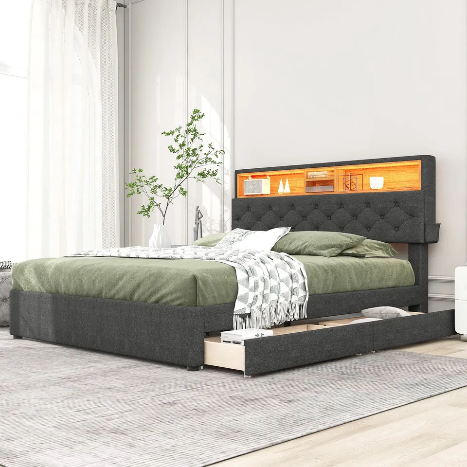 Dolamaní Letto Matrimoniale 140x200 Grigio con 2 Cassetti