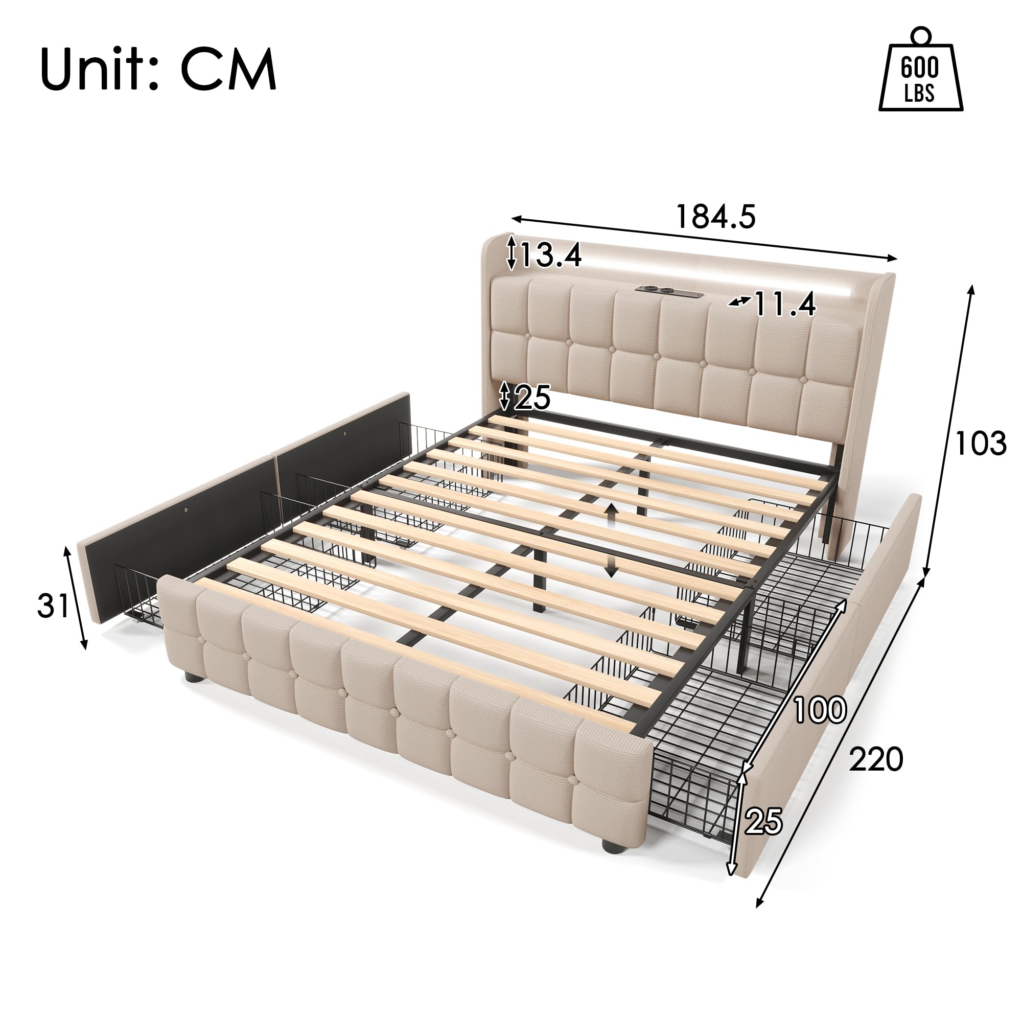 Dolamaní Letto Matrimoniale 180x200 Beige 4 Cassetti imbottito