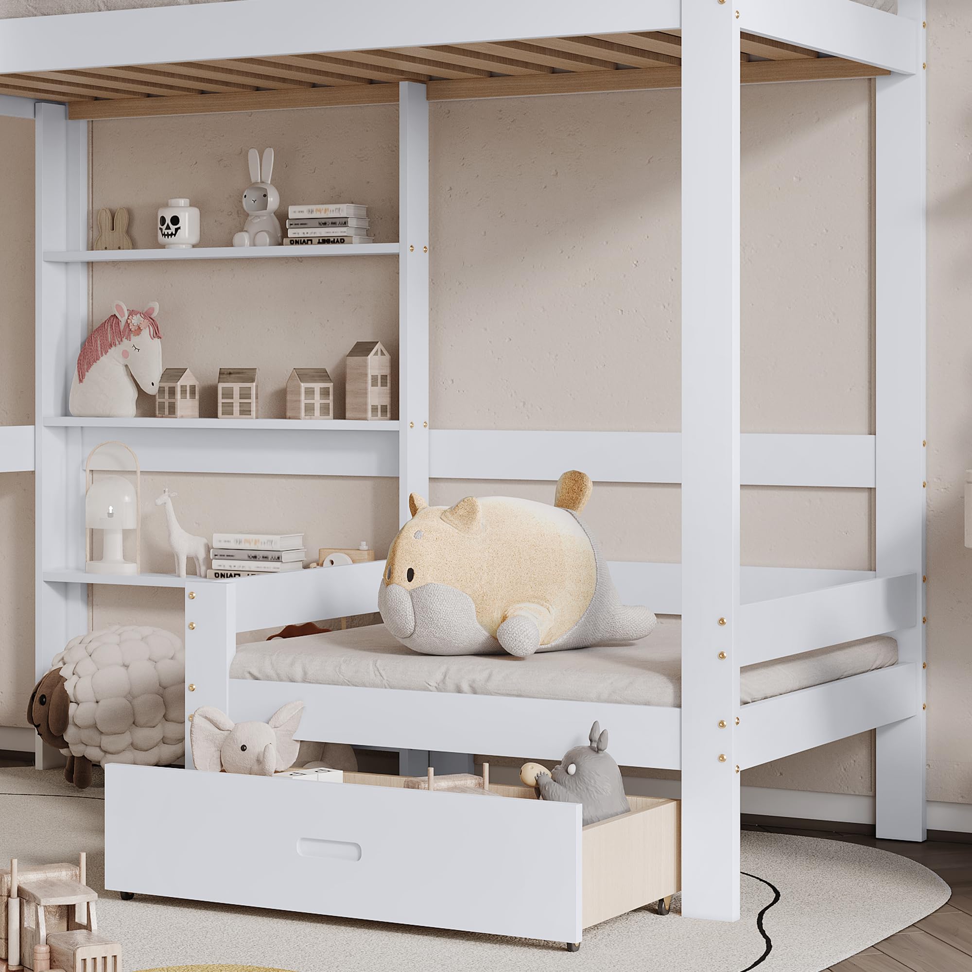 Dolamaní letto a soppalco 90x200 bianco con divano