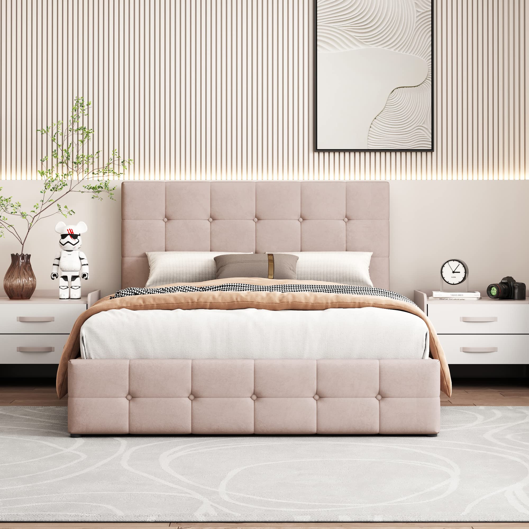 Dolamaní Letto Contenitore 140x200 Rosa in Velluto Idraulico