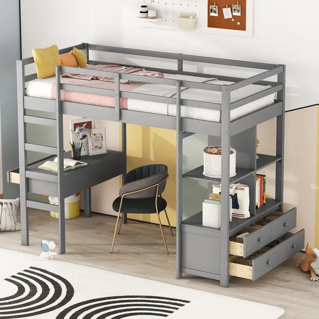 Dolamaní Letto Soppalco 90x200 Grigio con Scrivania e Cassetti