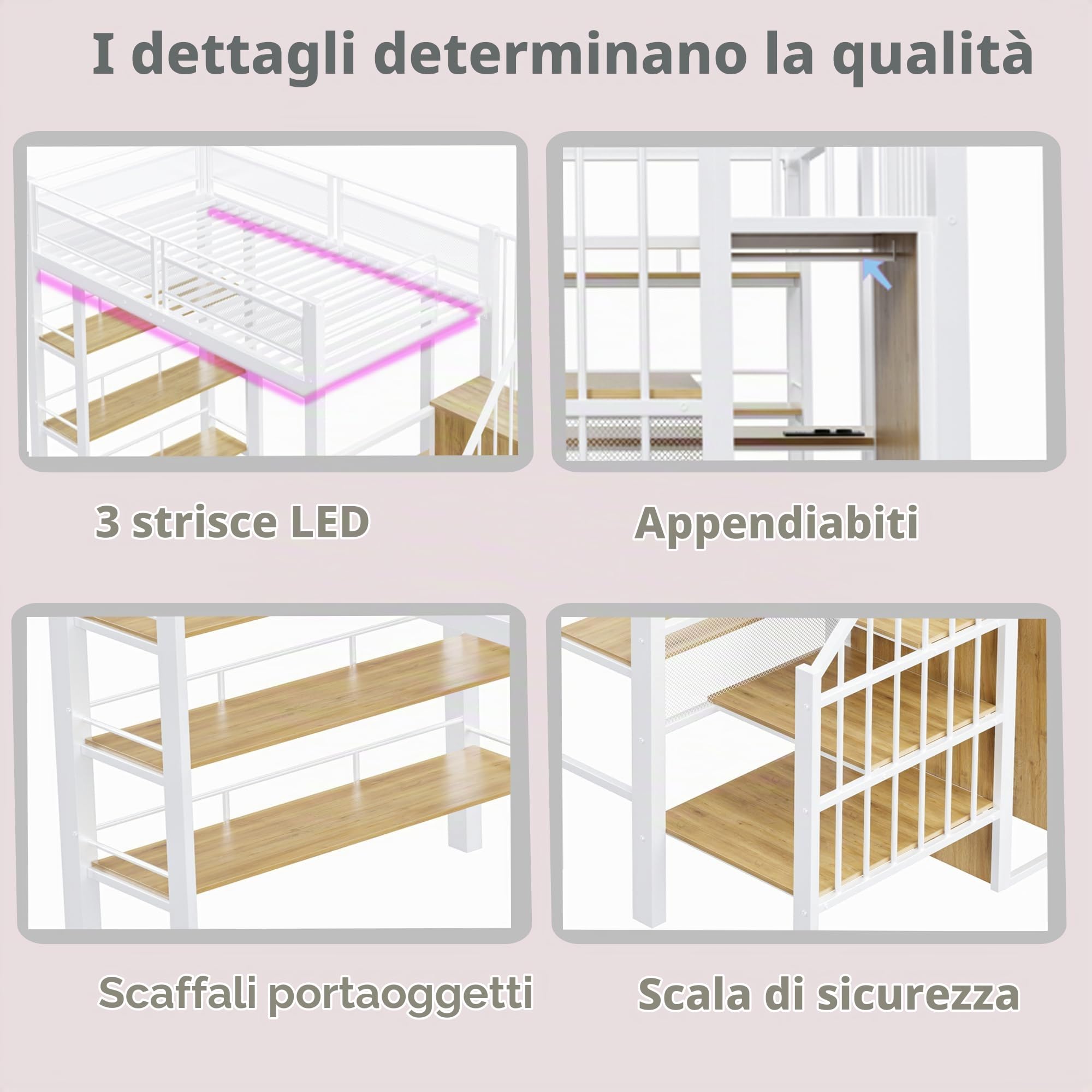 Dolamaní letto a soppalco 90x200 bianco metallo con LED