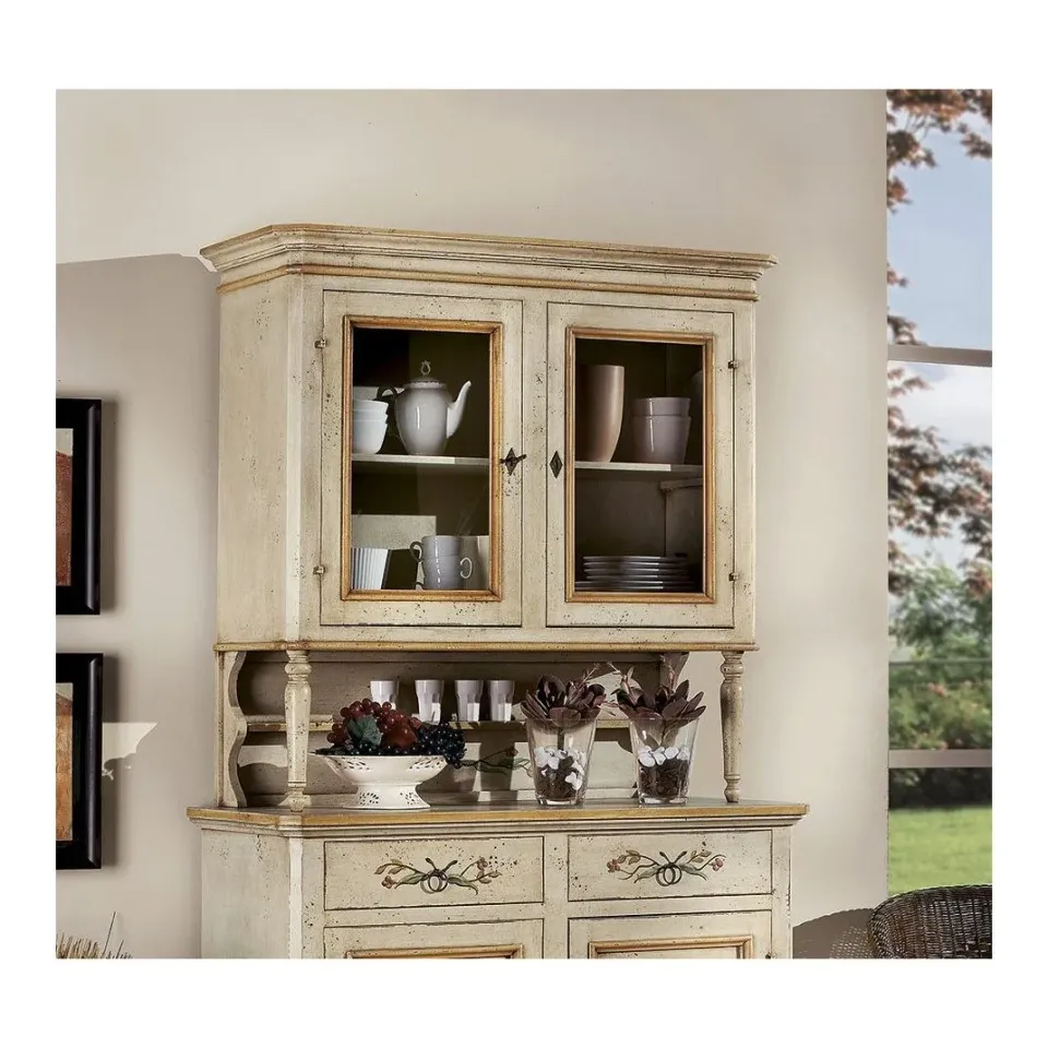 Epocantica Alzata 2 Porte Decorata Vetrina Avorio Antico 108 cm