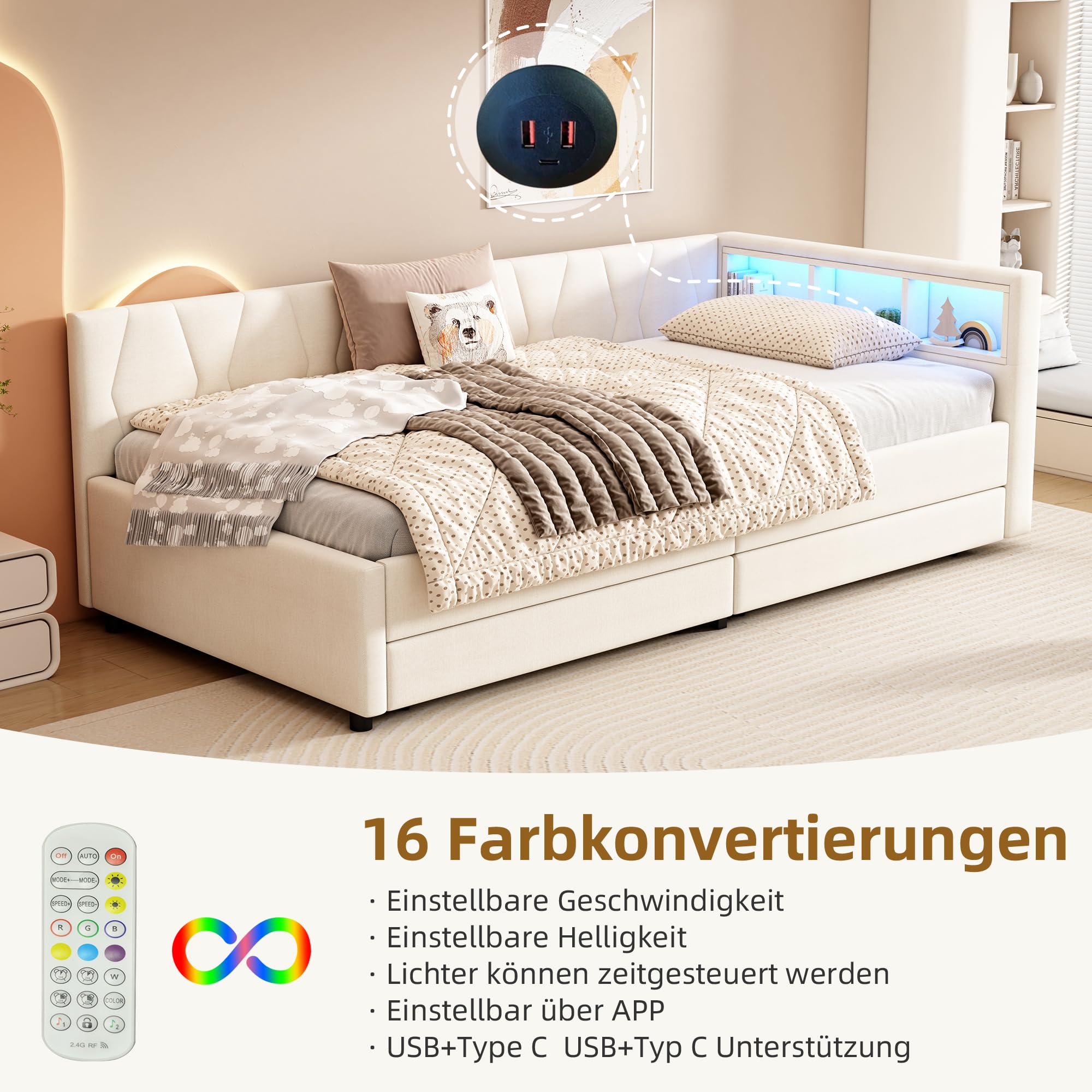 Dolamaní Letto Beige A 90x200 con Cassetti LED Lino