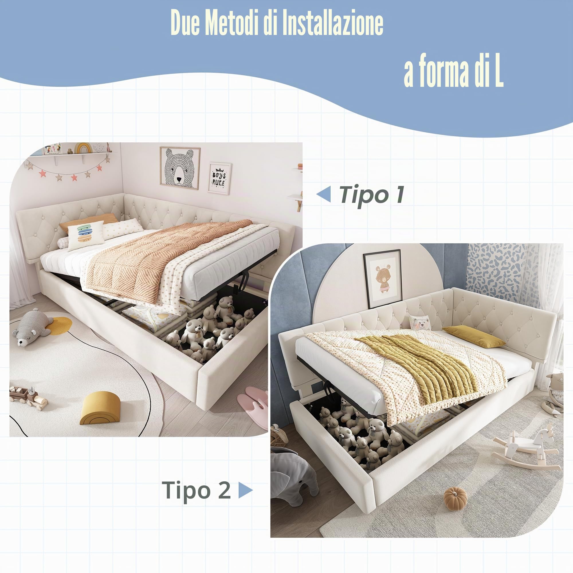 Dolamaní Letto Contenitore 90x200 Velluto Beige con Rete
