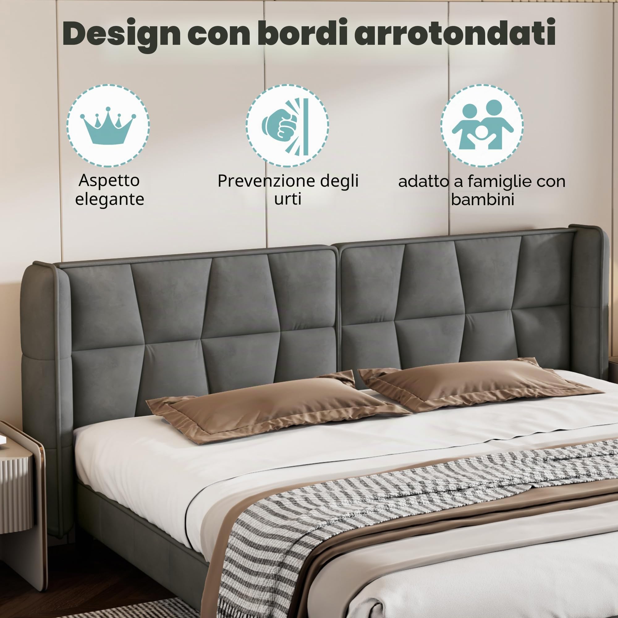 Dolamaní Letto imbottito 180x200 grigio velluto testiera