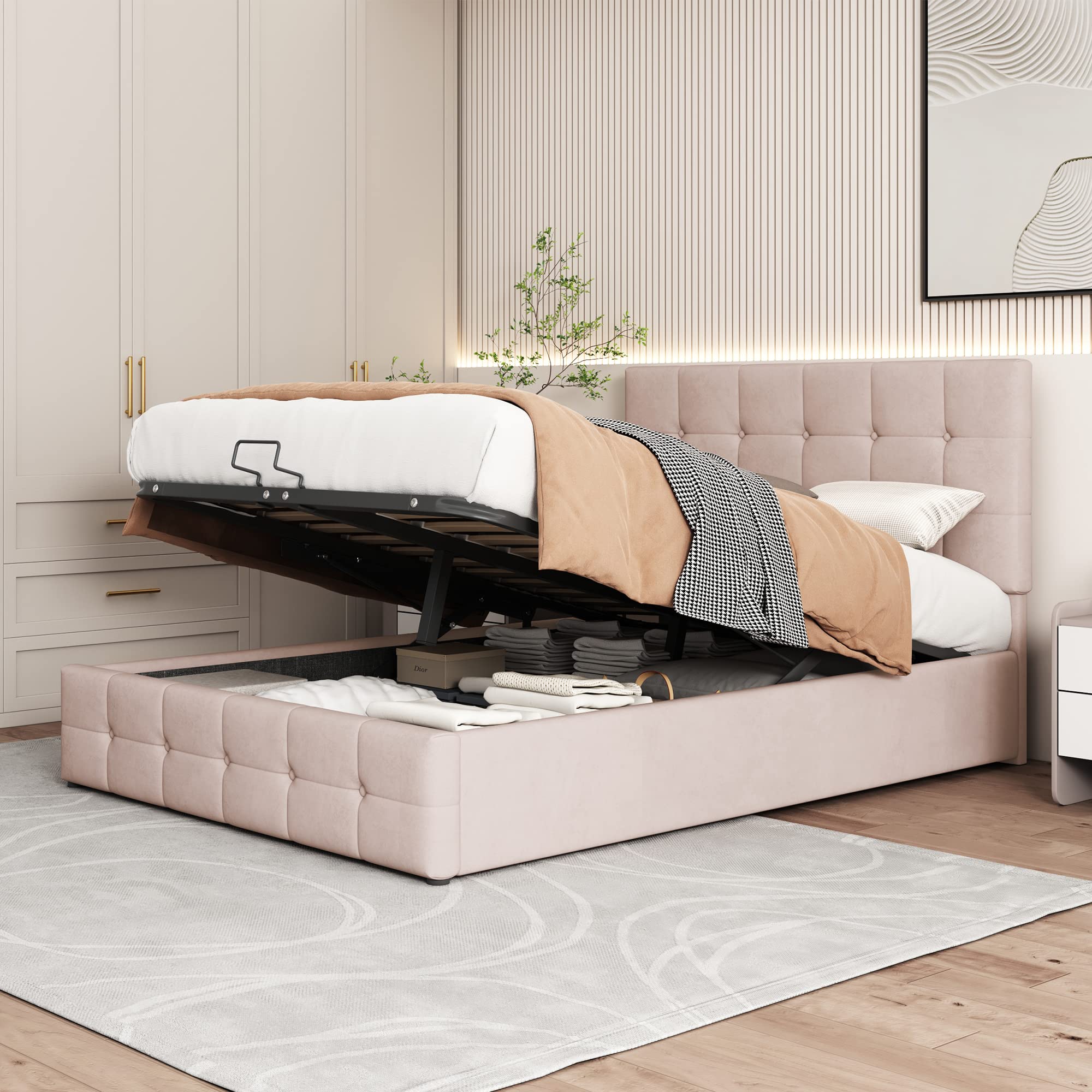 Dolamaní Letto Contenitore 140x200 Rosa in Velluto Idraulico
