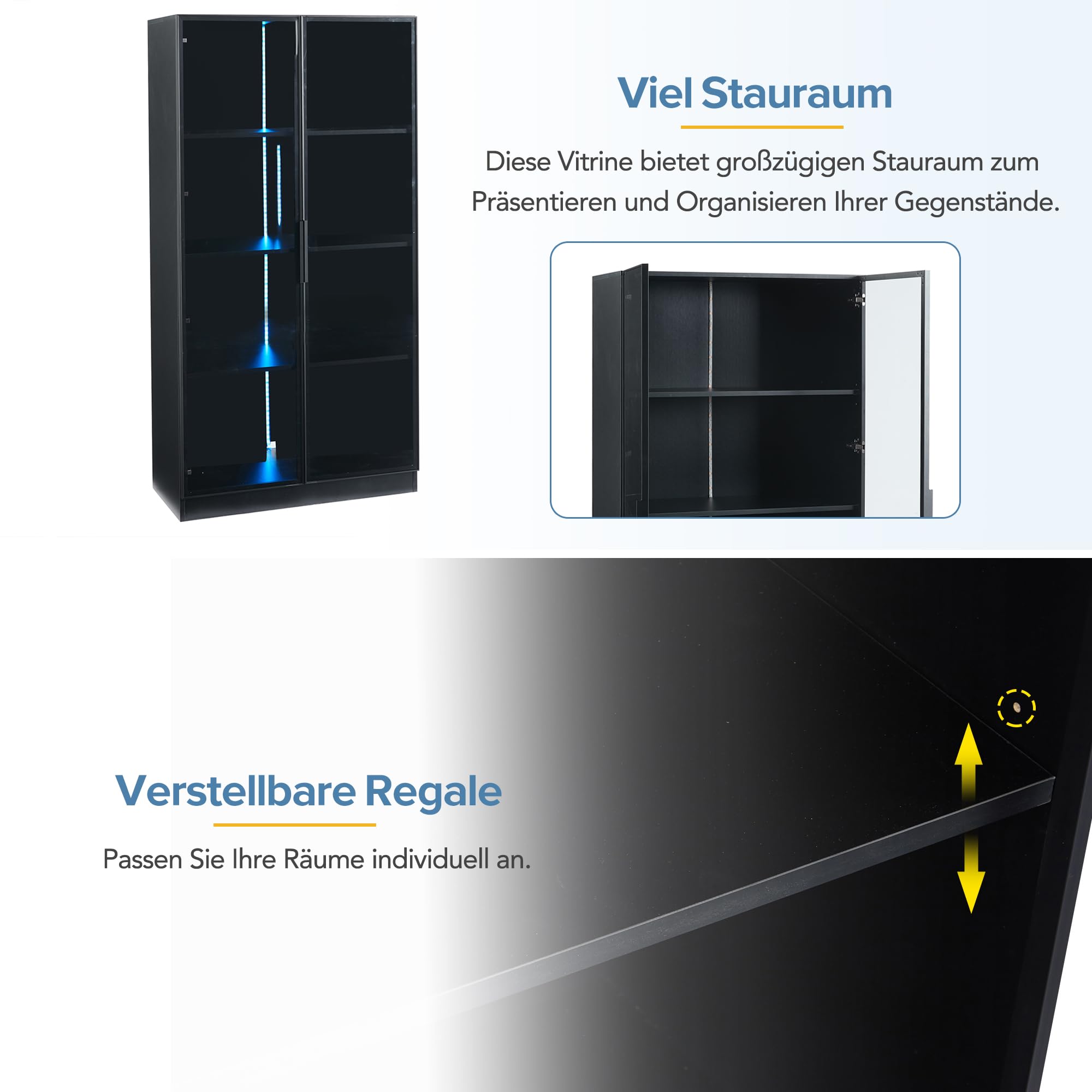 Dolamaní Vetrina in vetro 80x40x160 nera con LED e 2 ante