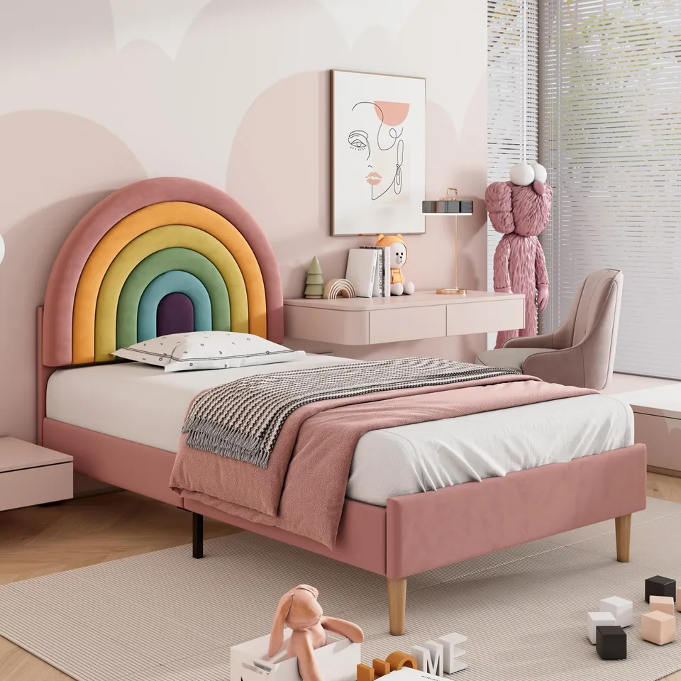 Dolamaní Letto Imbottito 90x200 Velluto Rosa con Rete Doghe