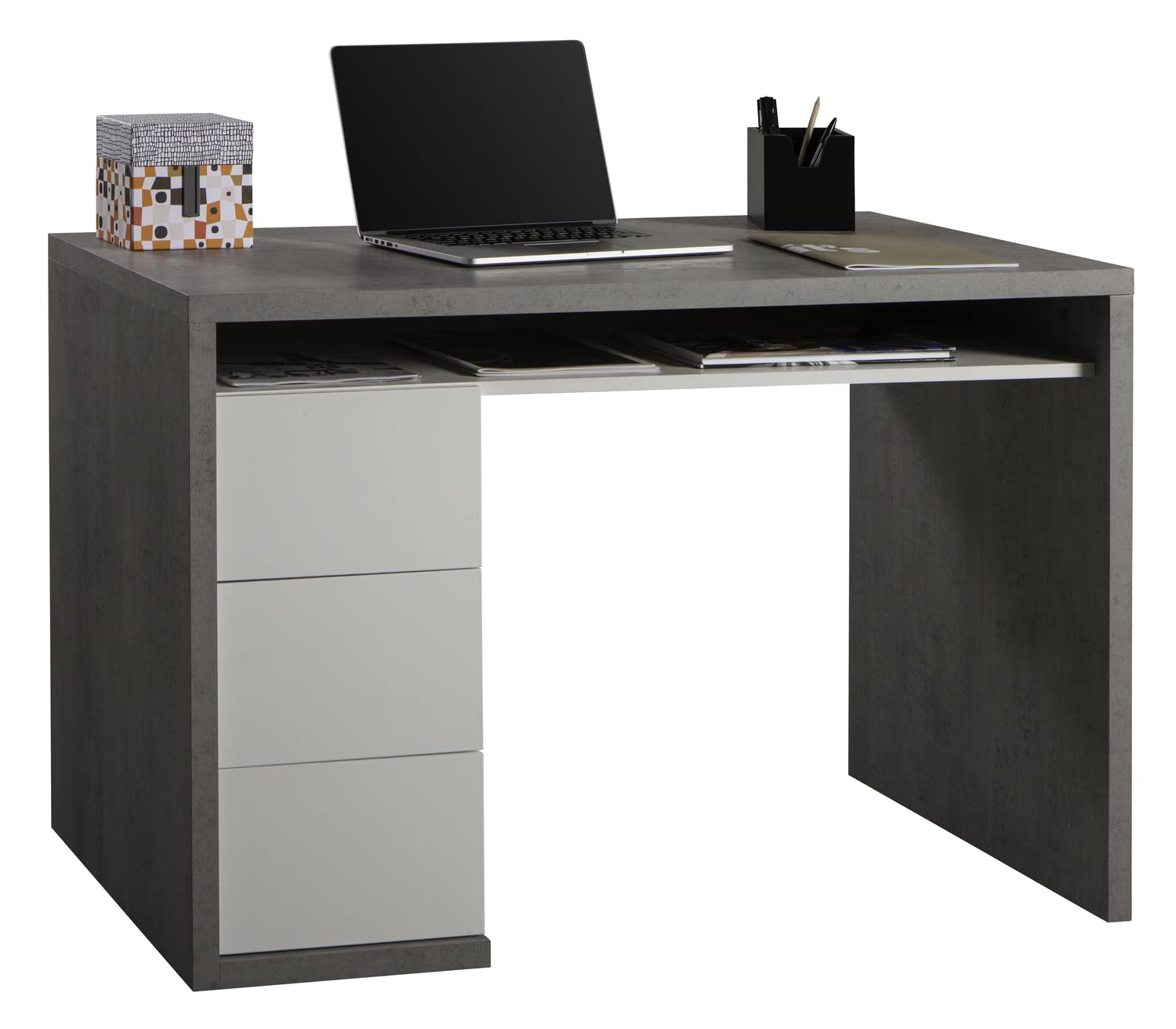 Composad Moneta Scrivania 3 Cassetti Cemento Bianco 110 cm