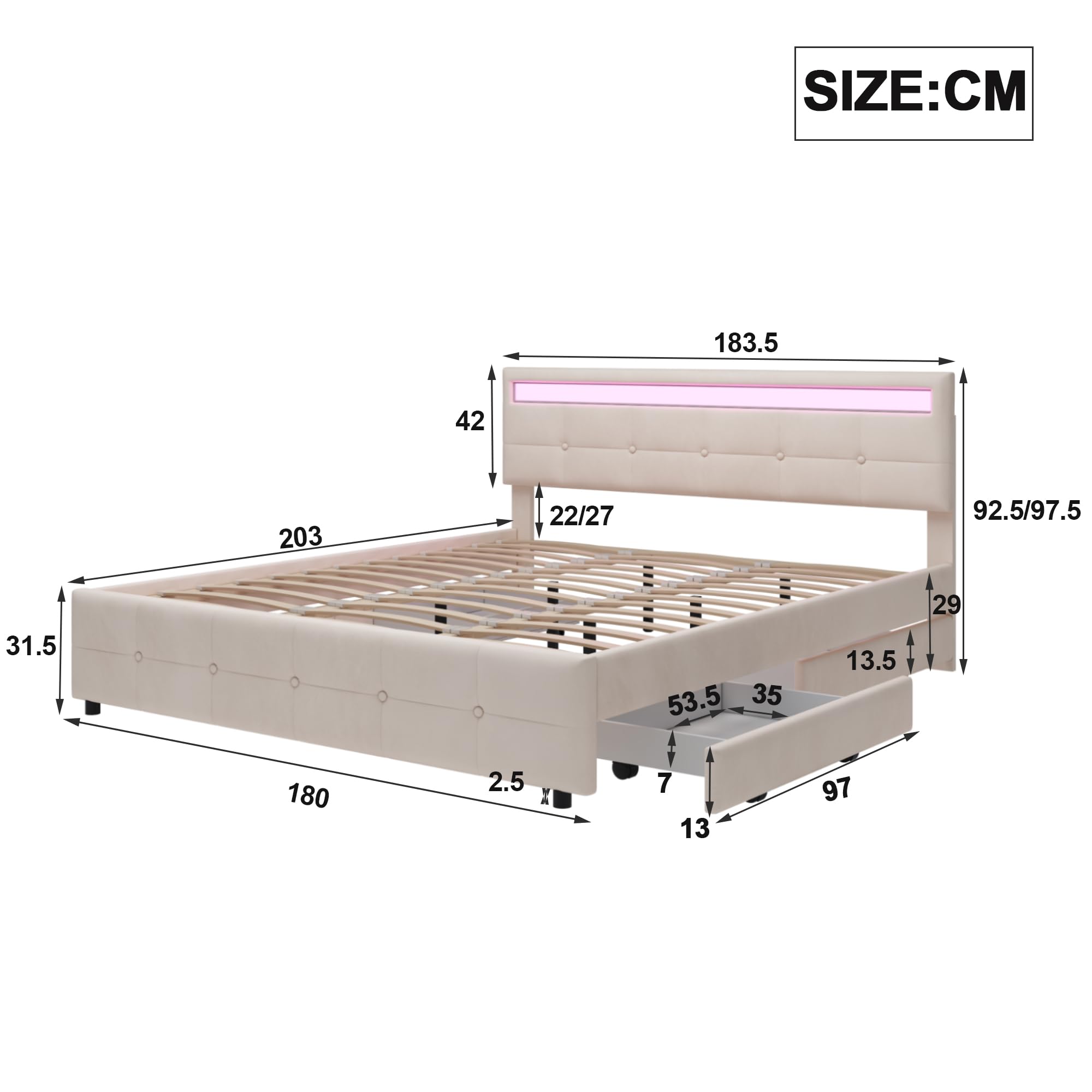 Dolamaní Letto imbottito in velluto 180x200 beige 4 cassetti