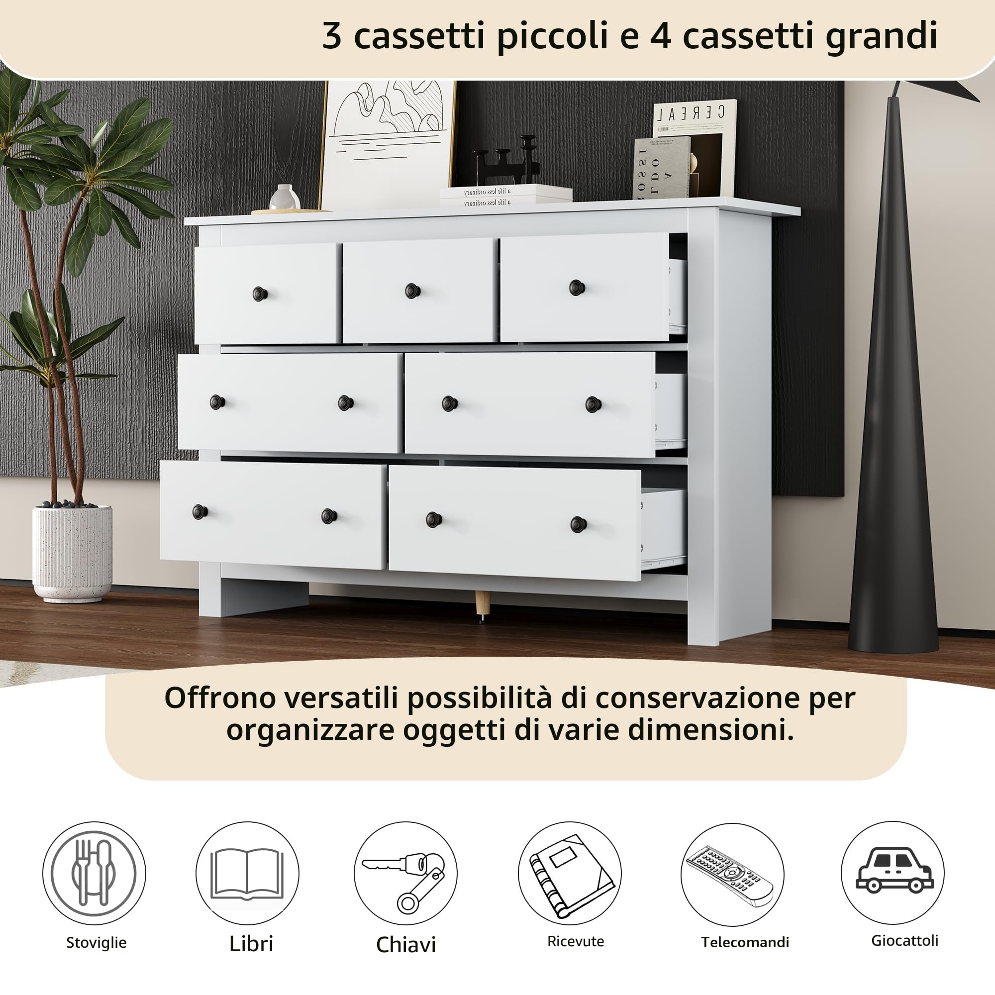 Dolamaní Cassettiera 7 Cassetti Bianco 152x40x89 cm