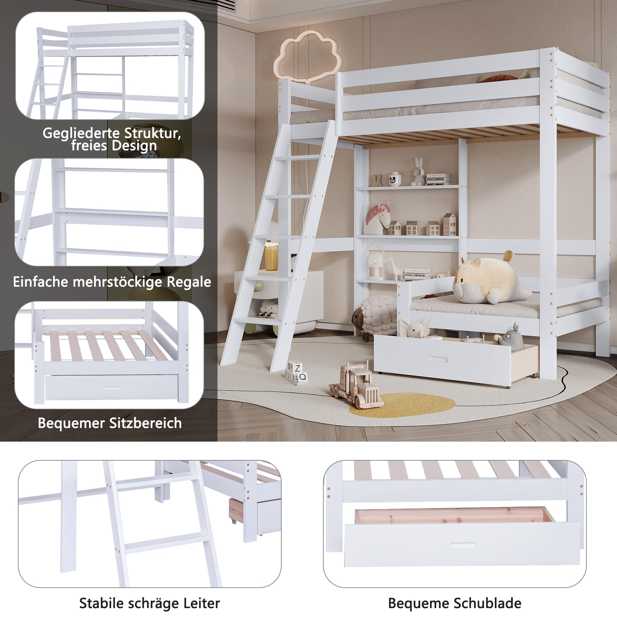 Dolamaní letto a soppalco 90x200 bianco con divano