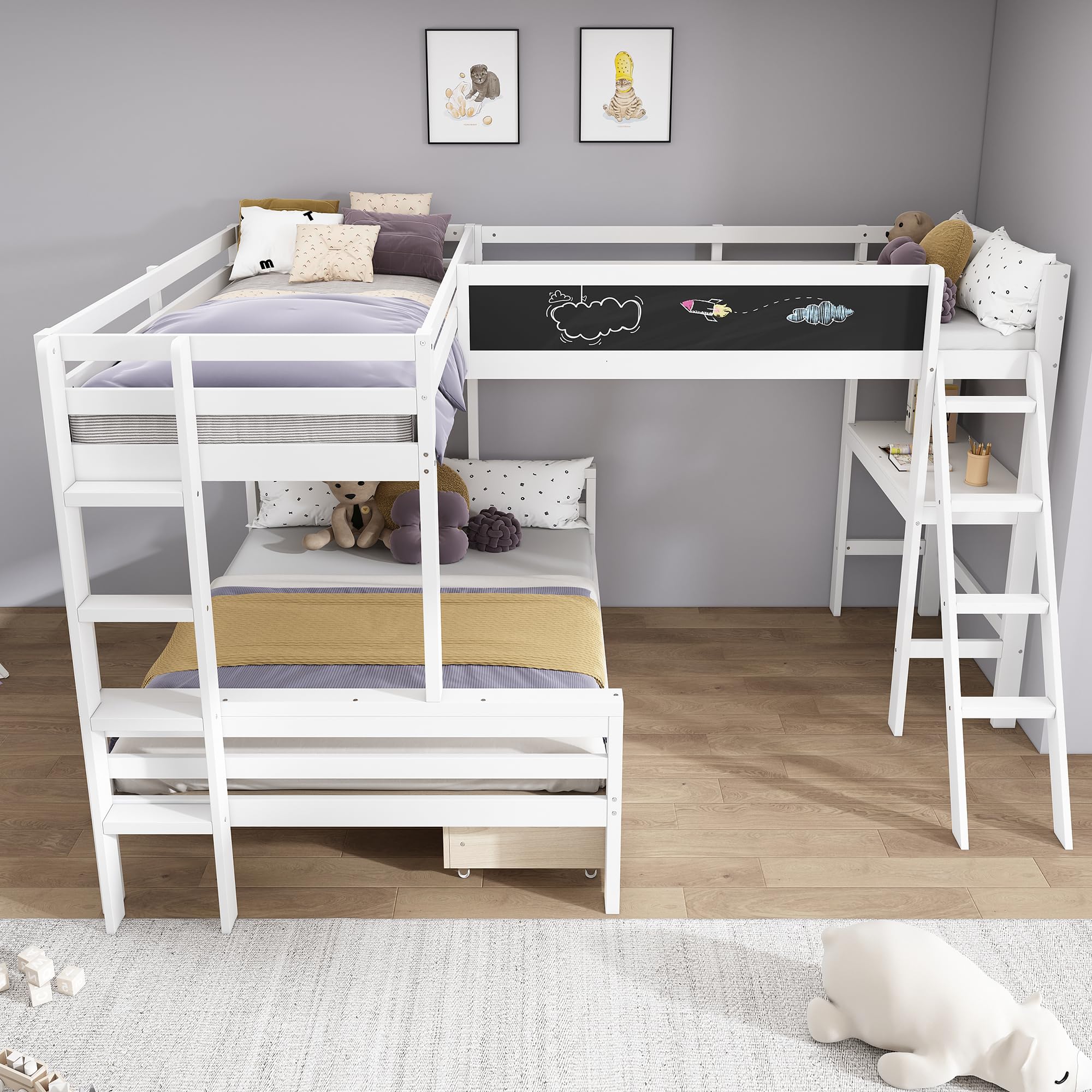 Dolamaní Letto a castello triplo bianco 90x200+140x200 con scrivania