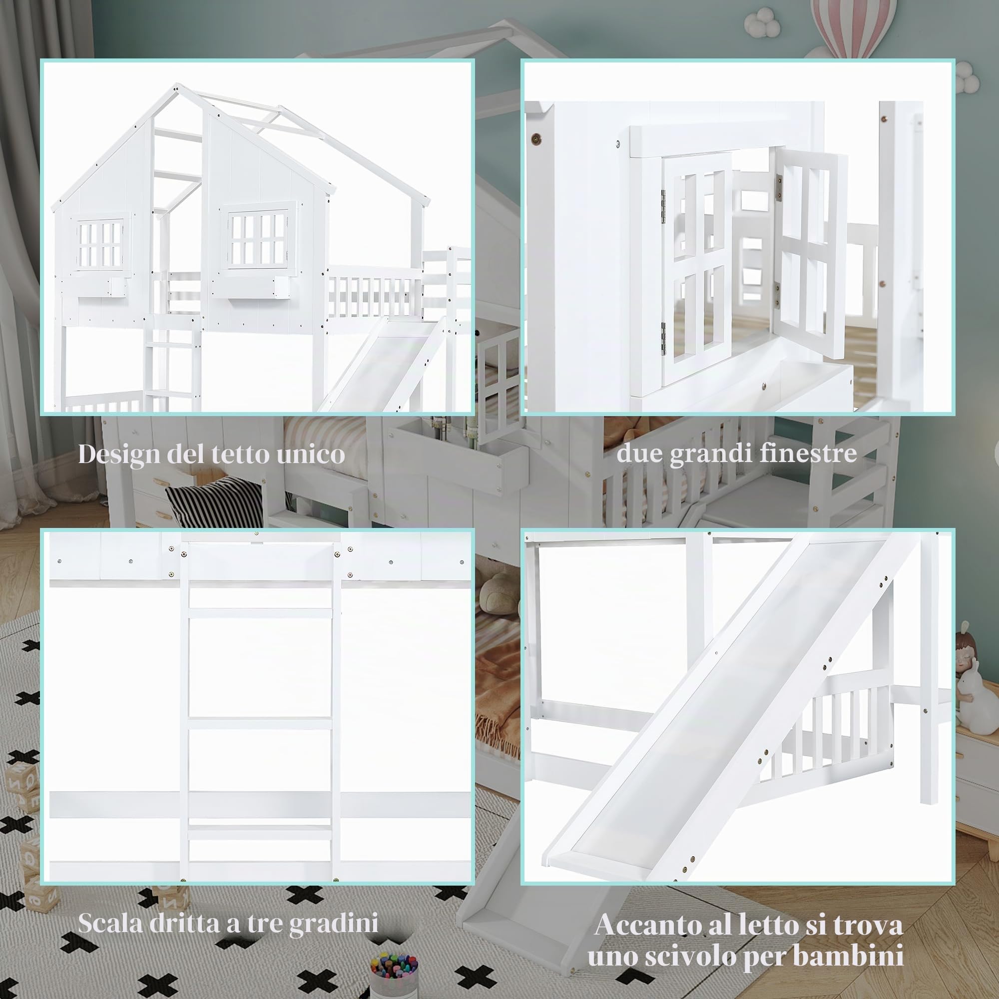 Dolamaní Letto a castello 90x200 con scivolo bianco