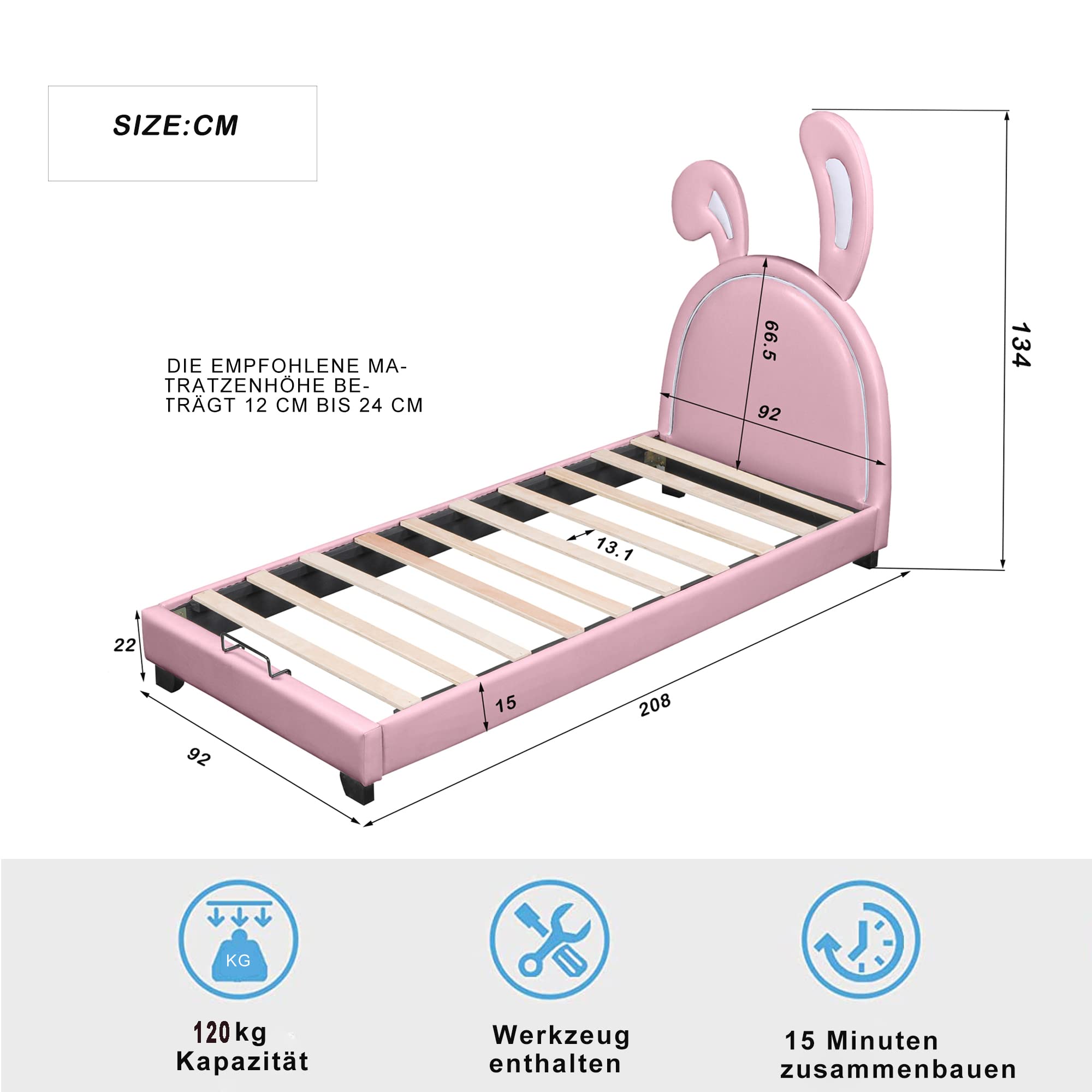 Dolamaní letto bambini rosa 90x200 orecchie coniglio