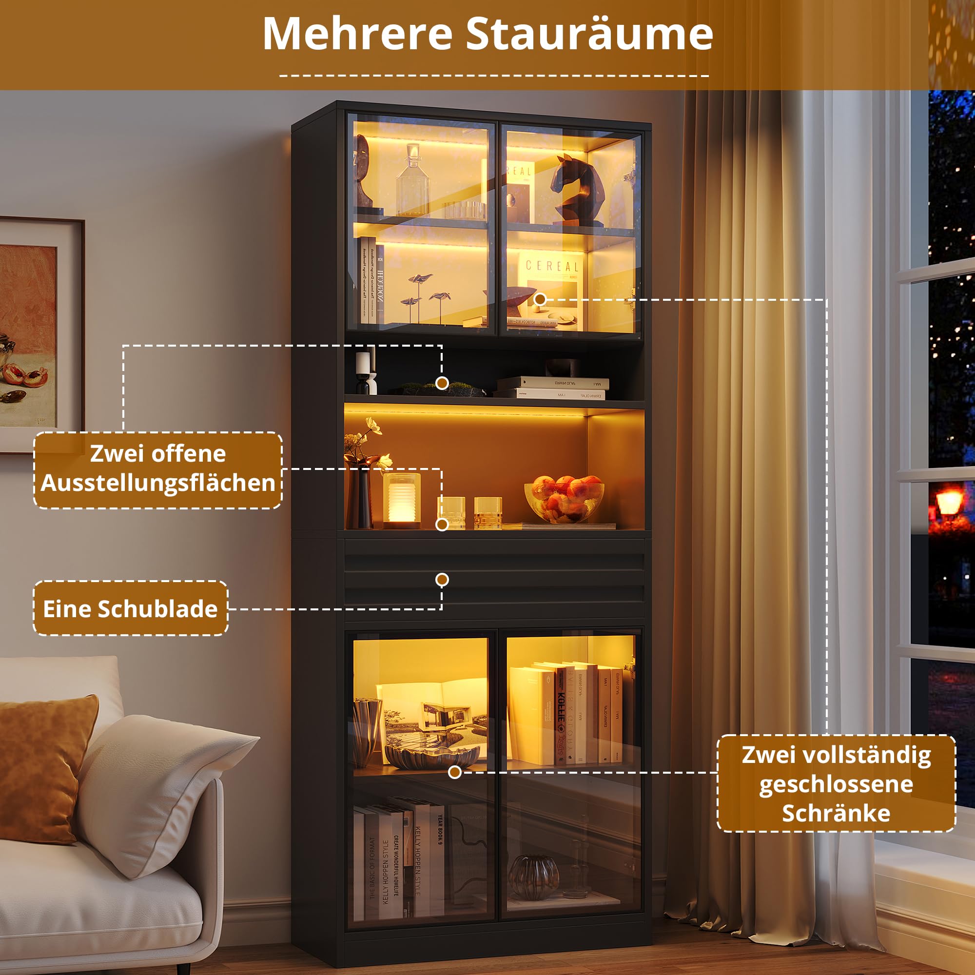 Dolamaní Armadio 80x35x200 cm vetrina nero con LED