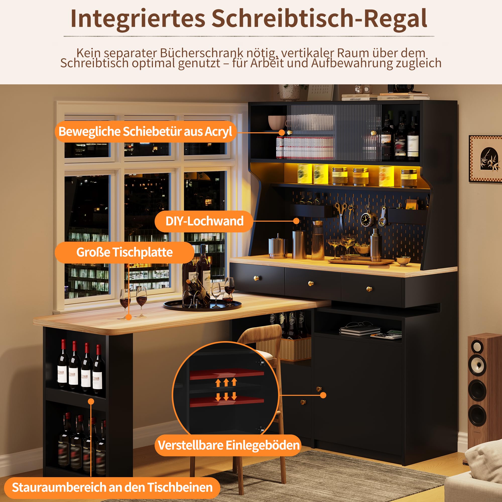 Dolamaní credenza buffet cucina nero con LED 137 cm