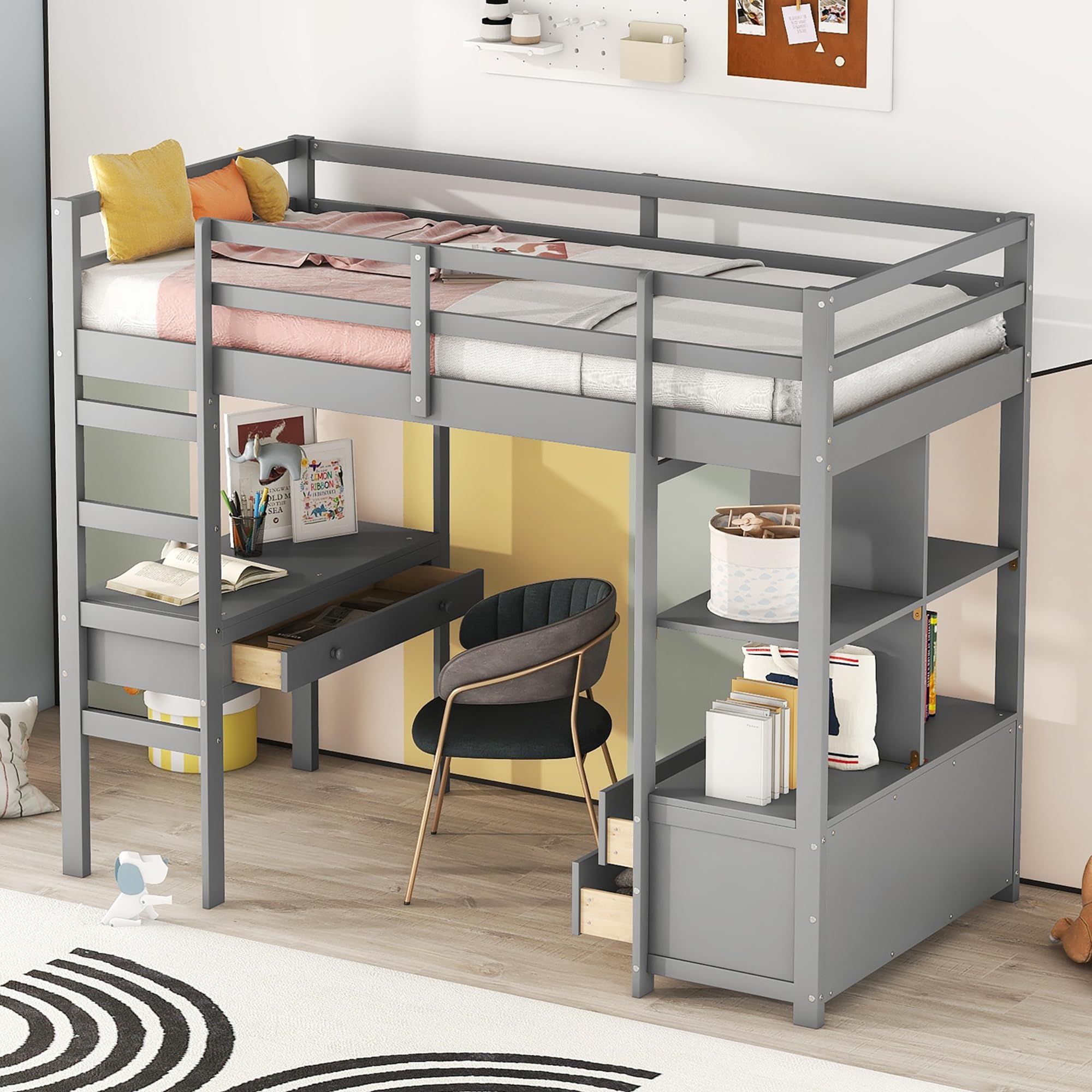 Dolamaní Letto Soppalco 90x200 Grigio con Scrivania e Cassetti