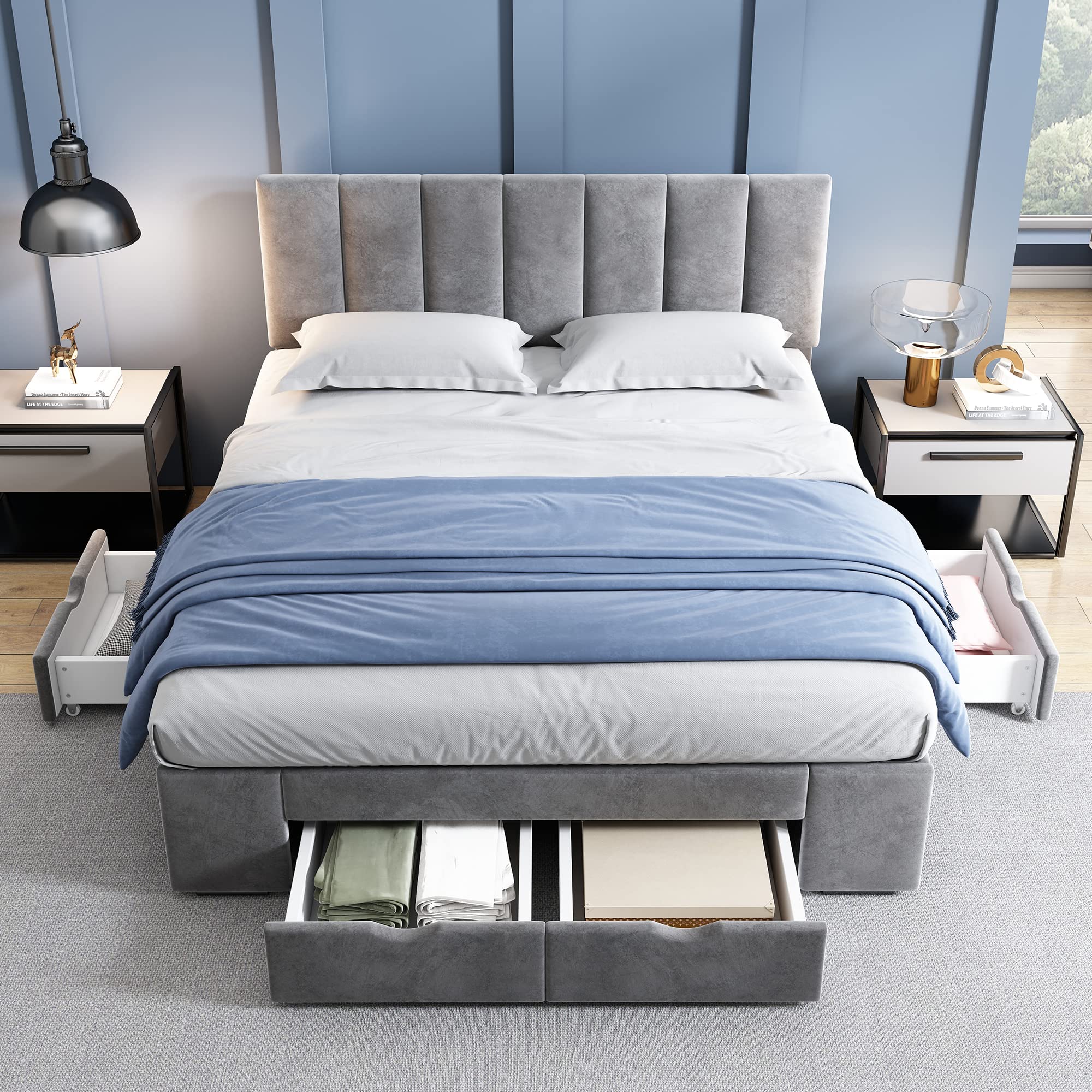 Dolamaní Letto matrimoniale 140x200 velluto grigio con 4 cassetti