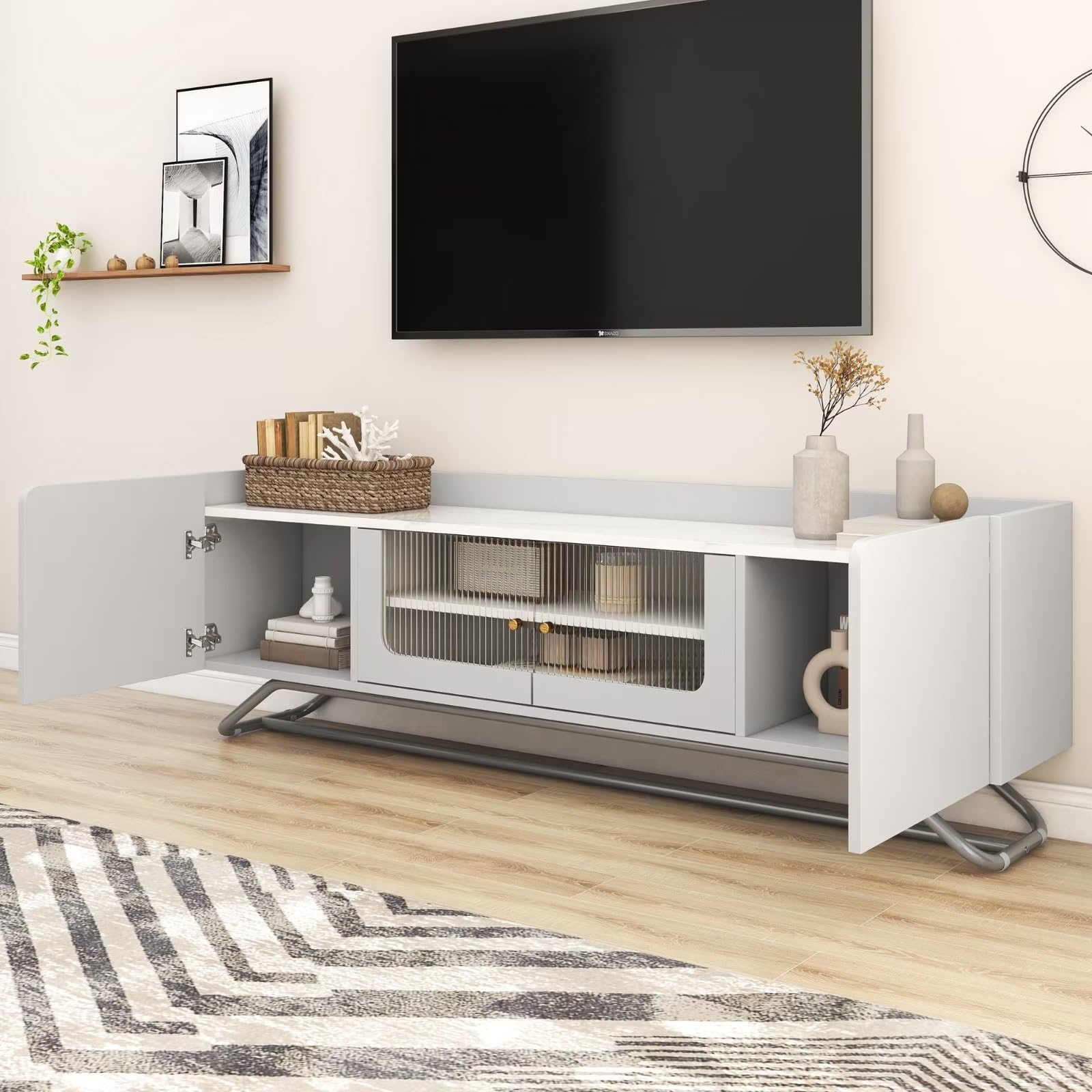 Dolamaní Mobile TV 150 cm Bianco Ante Vetro Effetto Marmo