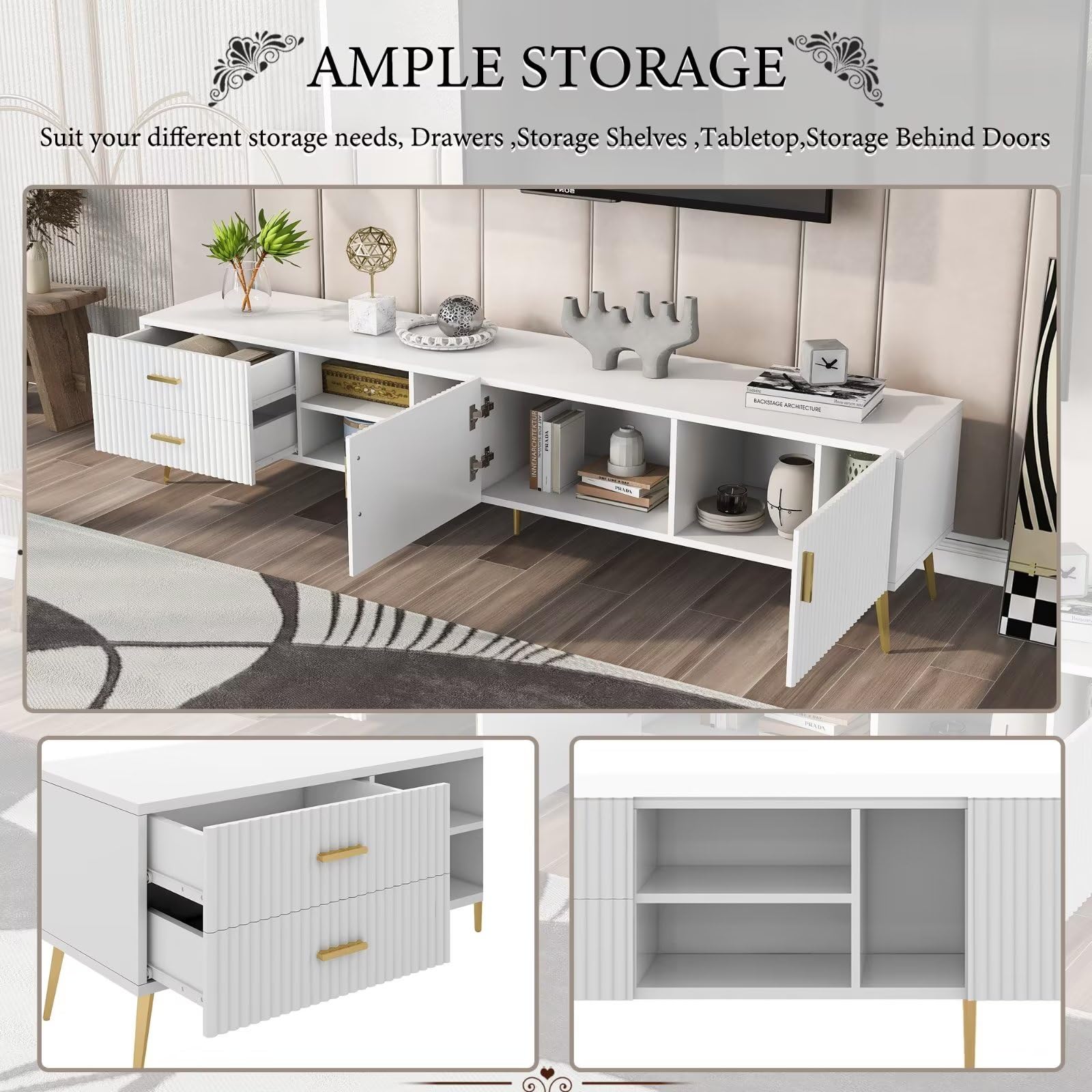 Dolamaní Mobile TV 180 cm Bianco Oro con Cassetti stile moderno