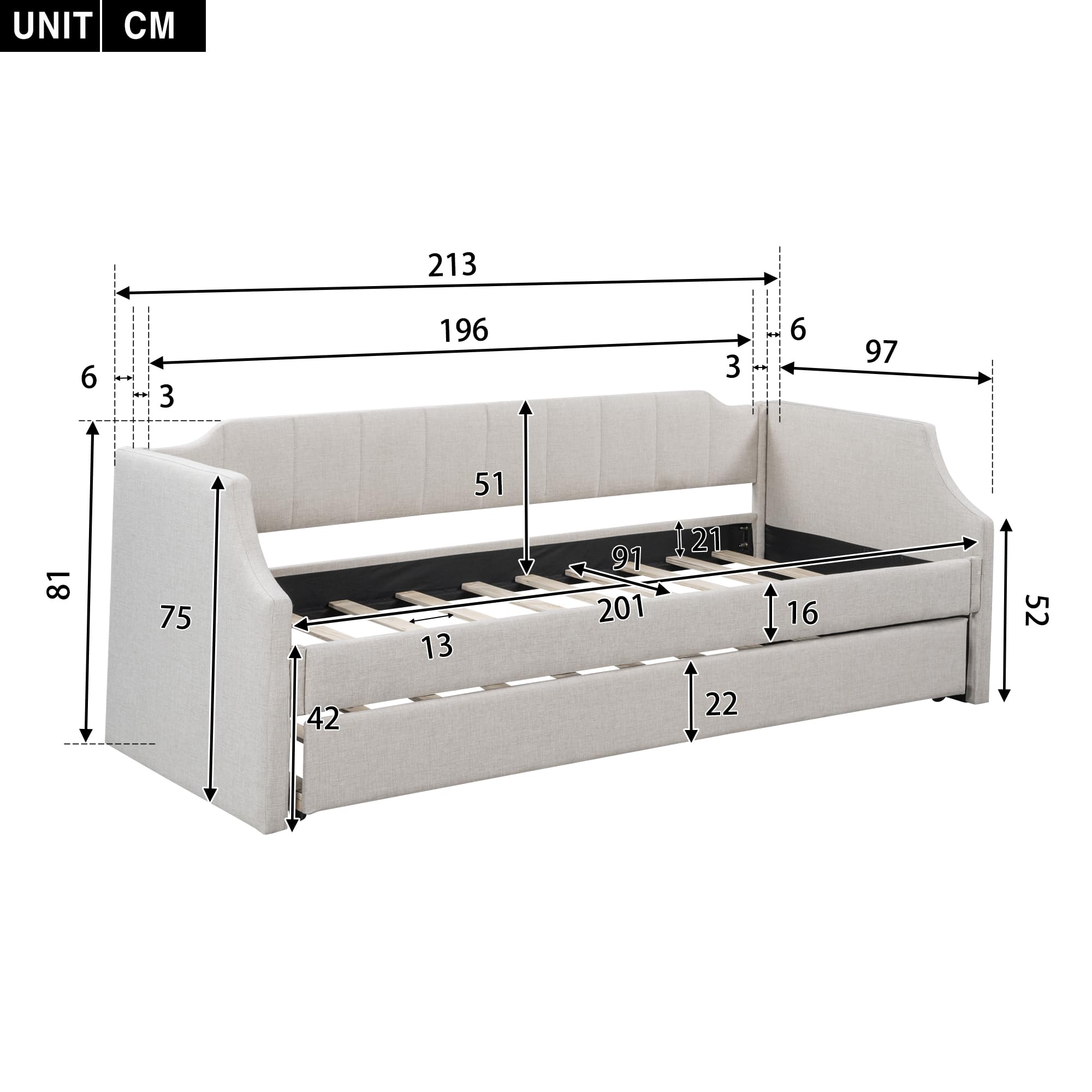Dolamaní letto imbottito beige 90x200 con letto ospiti
