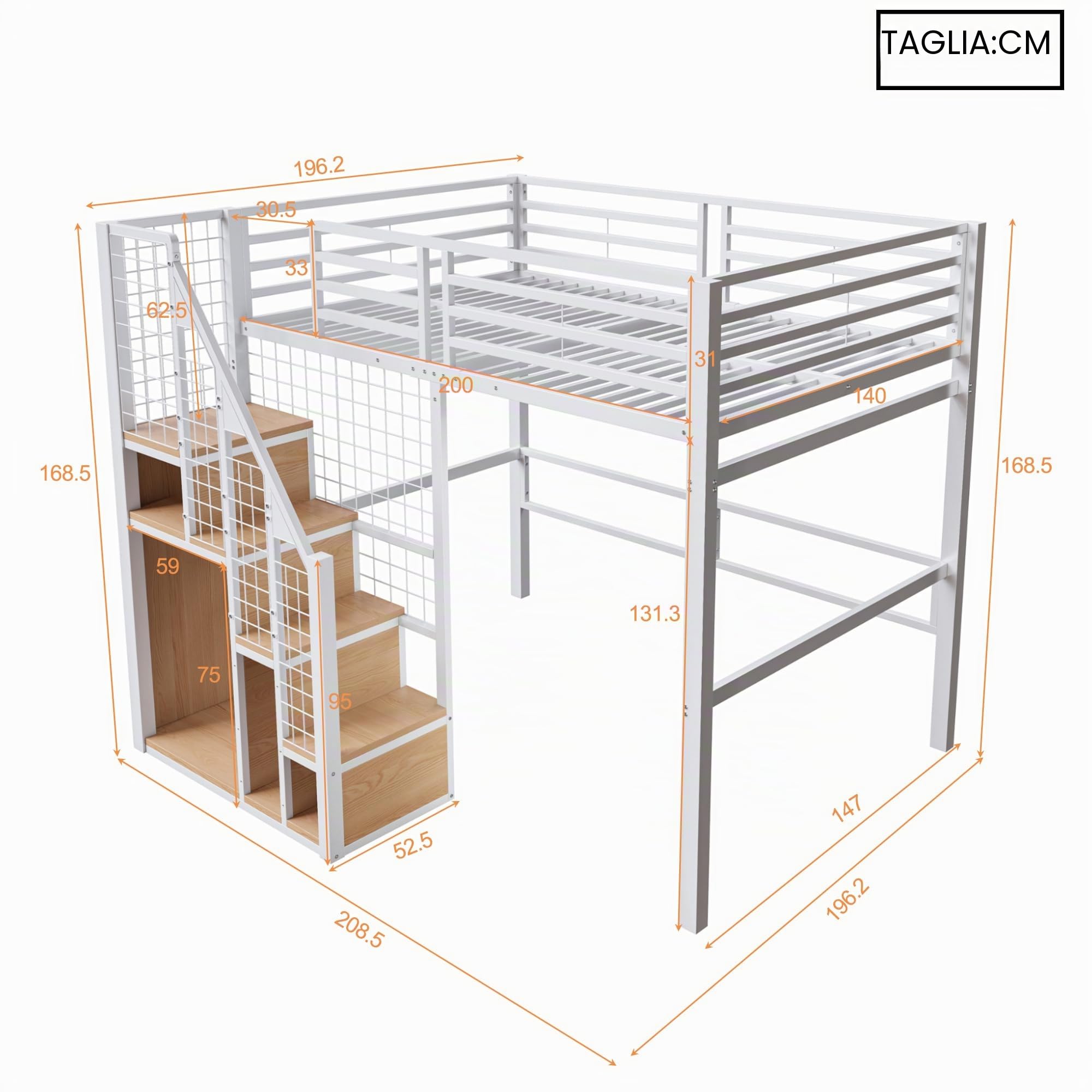 Dolamaní Letto a Soppalco 140x200 Bianco in Metallo