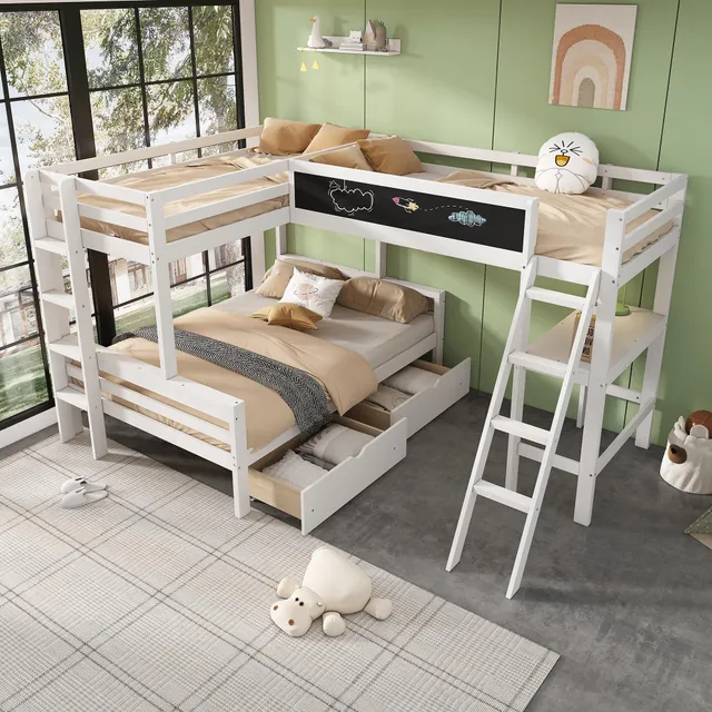 Dolamaní Letto a castello triplo bianco 90x200+140x200 con scrivania