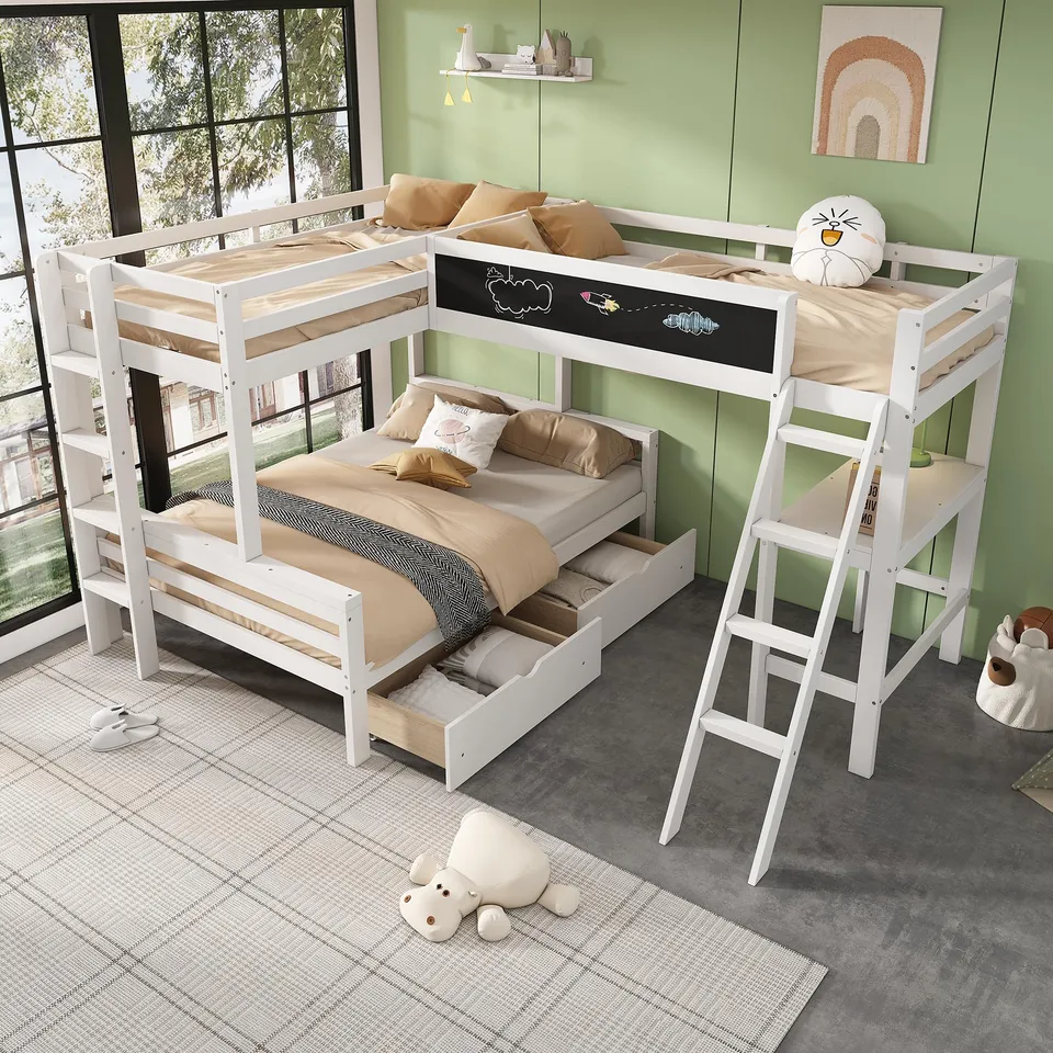 Dolamaní Letto a castello triplo bianco 90x200+140x200 con scrivania