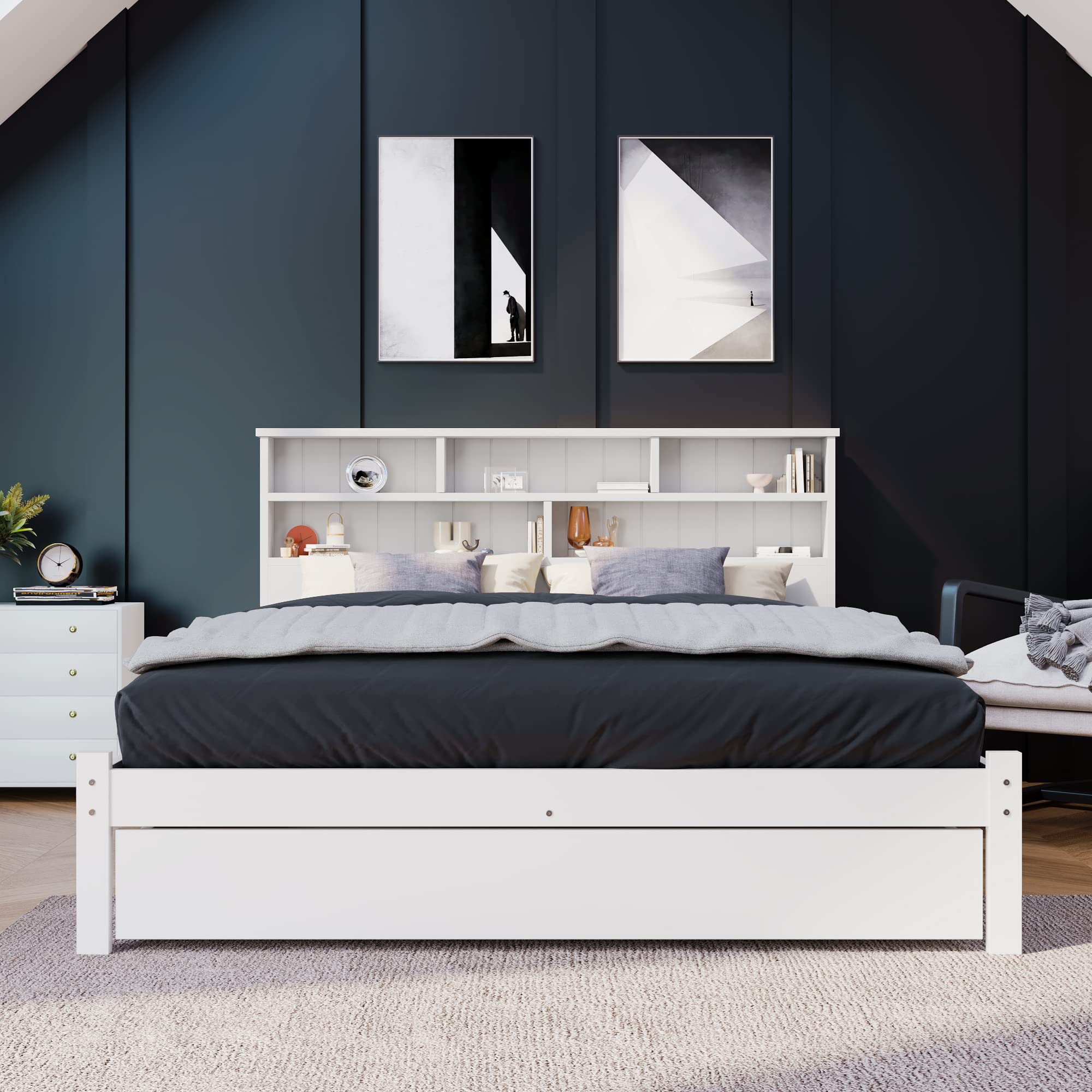 Dolamaní Letto Bianco 140x200 con Cassetti Legno Libreria