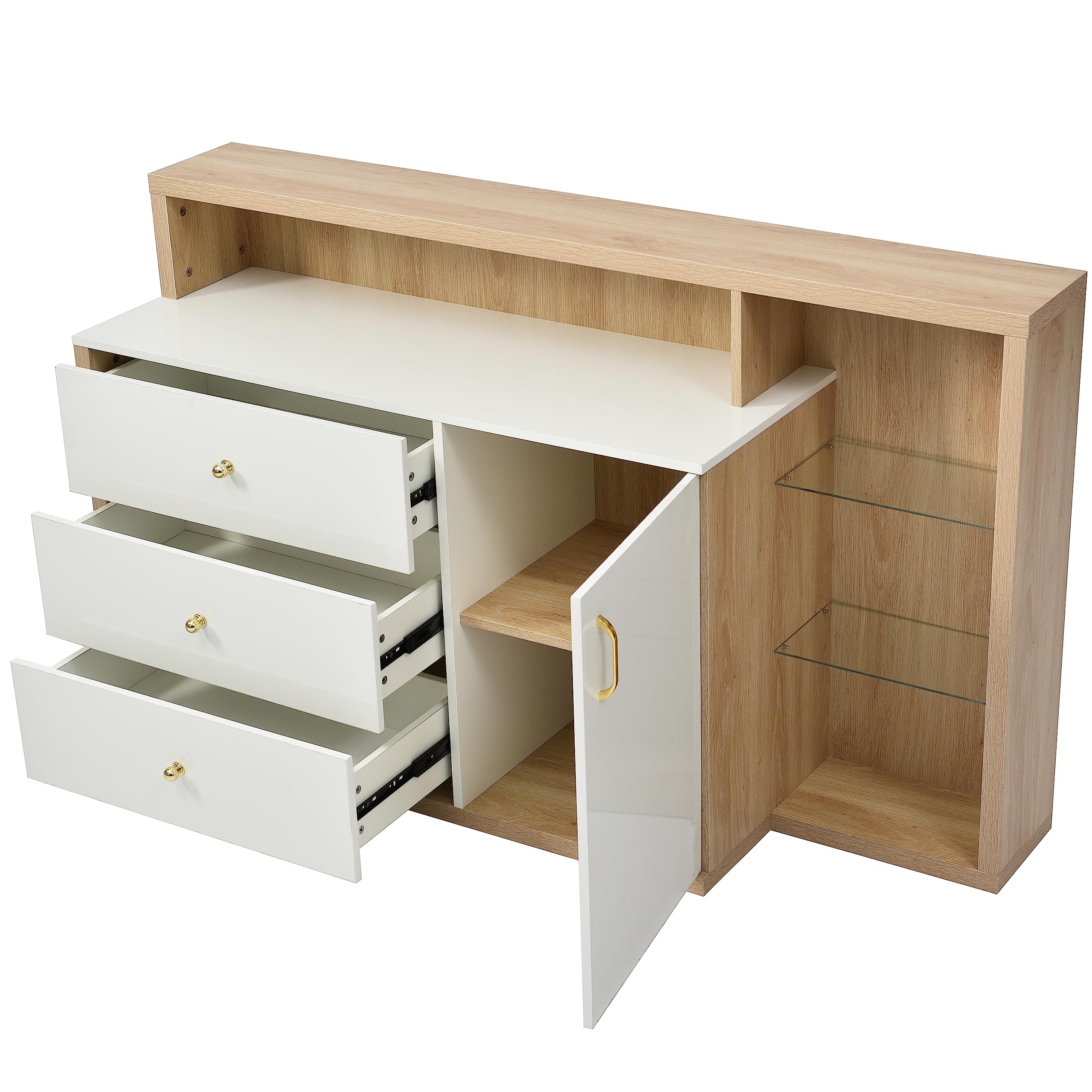 Dolamaní Credenza 140 cm bianca 3 cassetti ante vetro maniglie oro