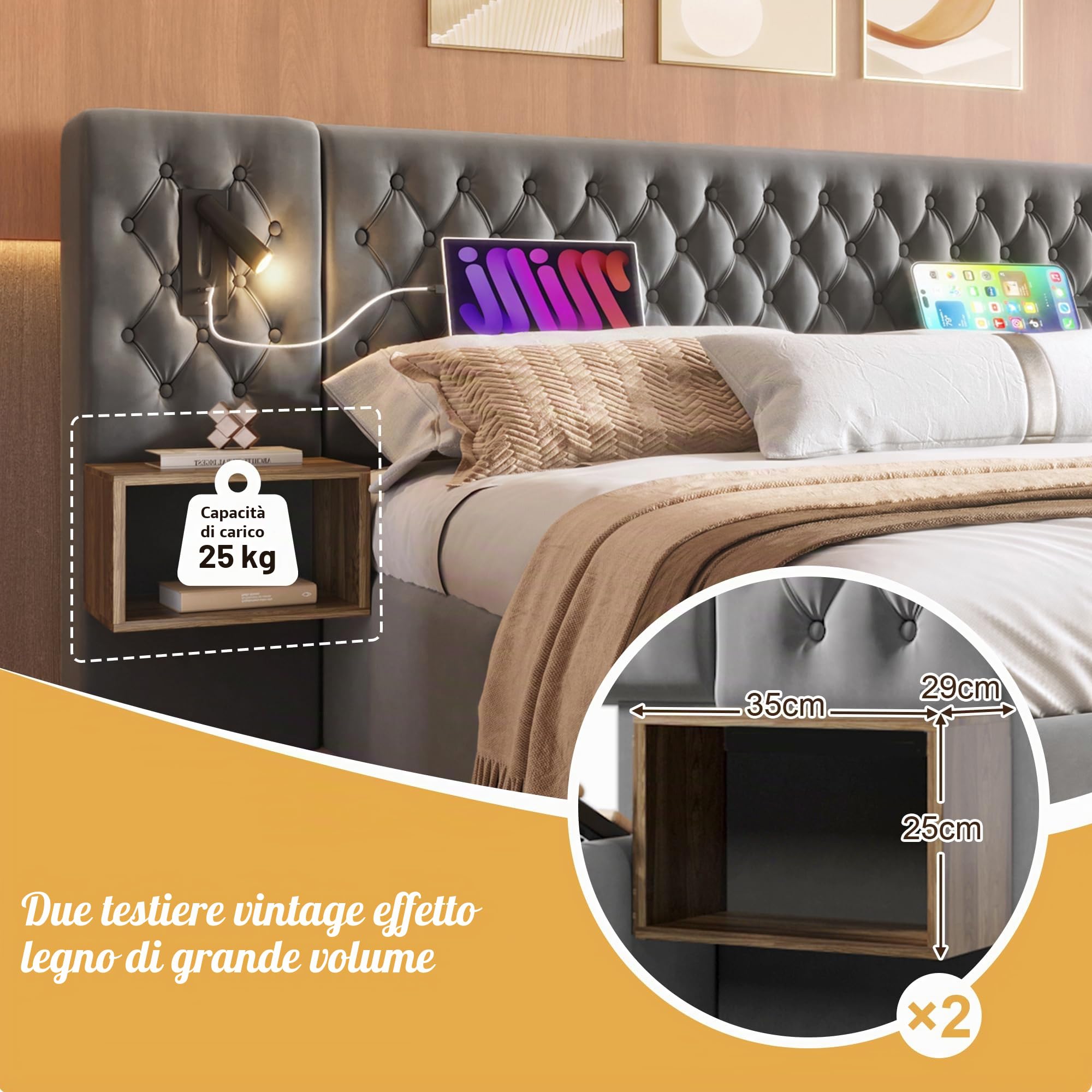 Dolamaní Letto Grigio 160x200 con Cassetti Velluto USB
