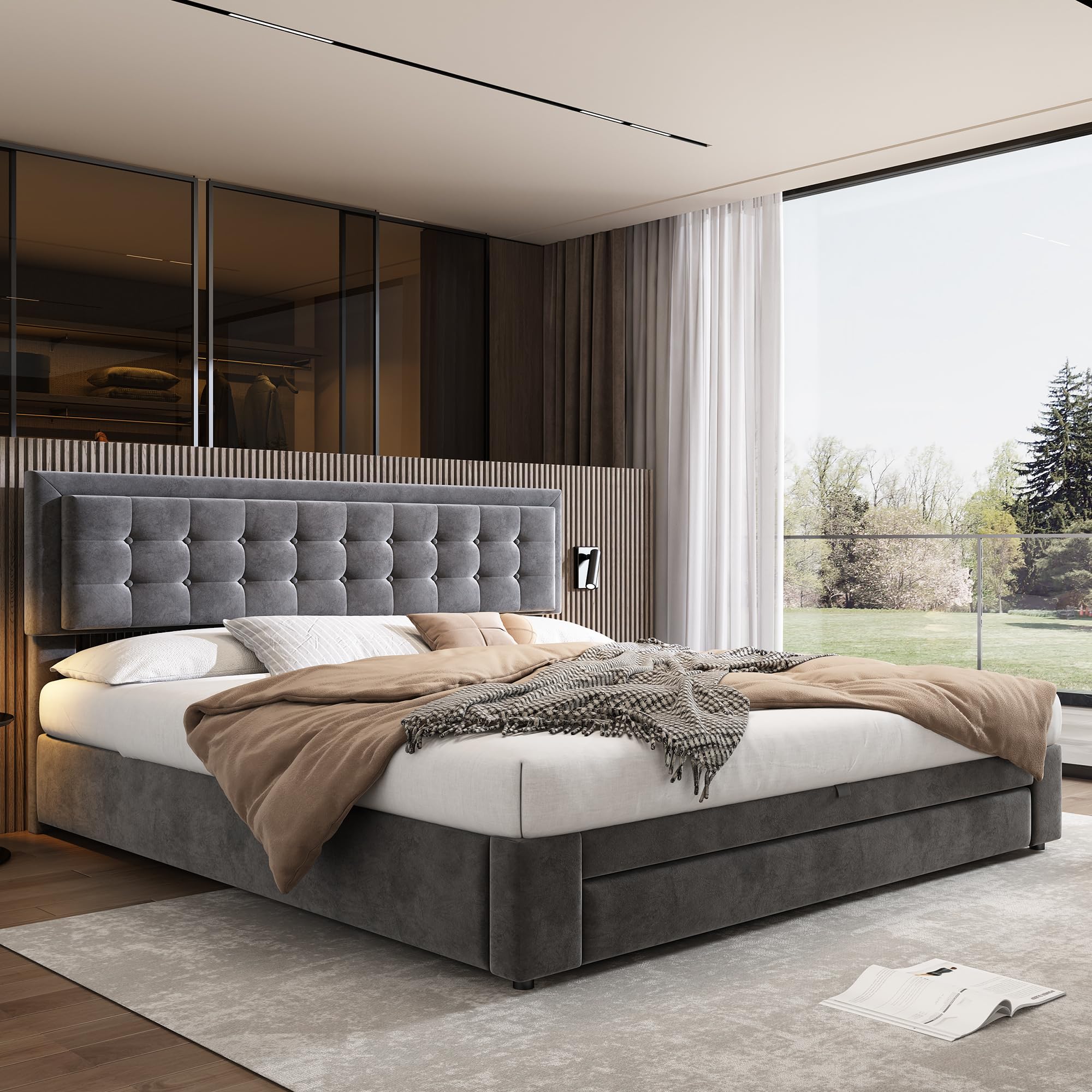 Dolamaní Letto Imbottito Grigio 180x200 Contenitore Tessuto