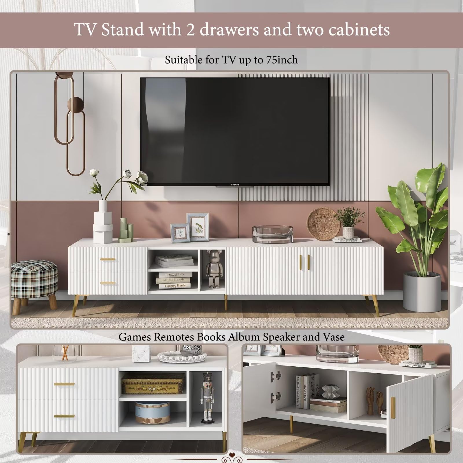 Dolamaní Mobile TV 180 cm Bianco Oro con Cassetti stile moderno