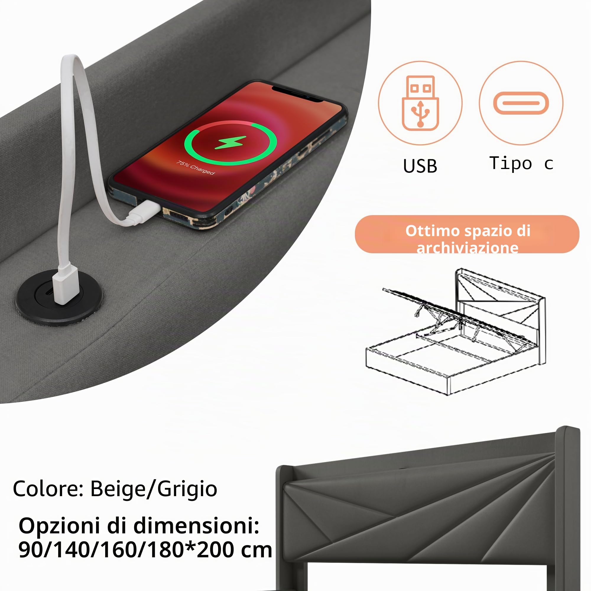 Dolamaní 822021AAB-11 Letto imbottito 90x200 grigio lino USB
