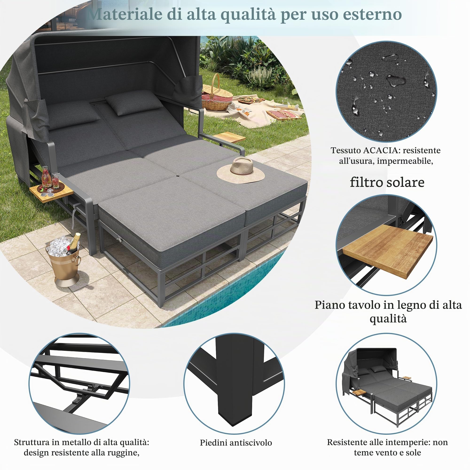 Dolamani divano lounge 2 posti grigio scuro con tettuccio letto