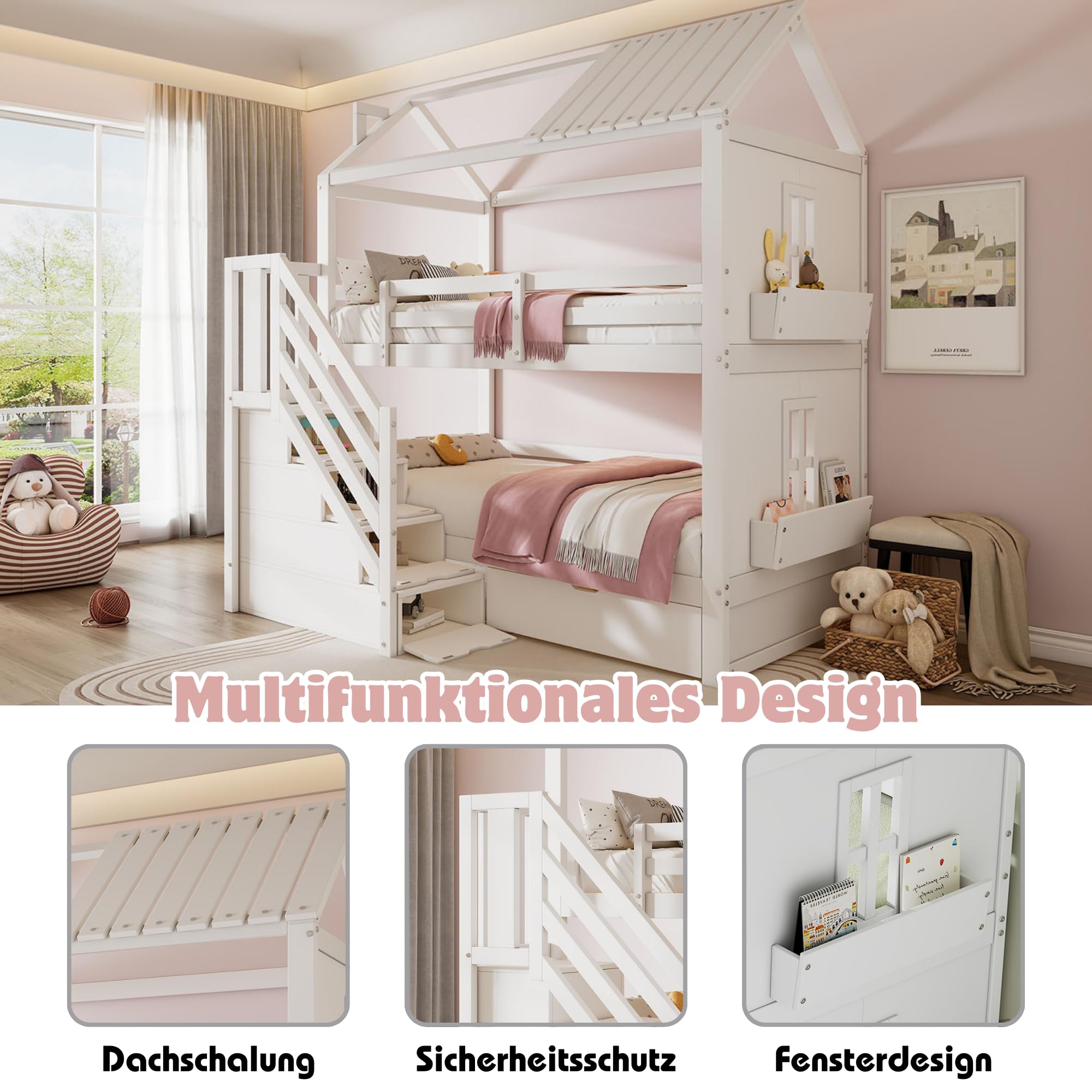 Dolamaní letto a castello bambini bianco 90x200 pino