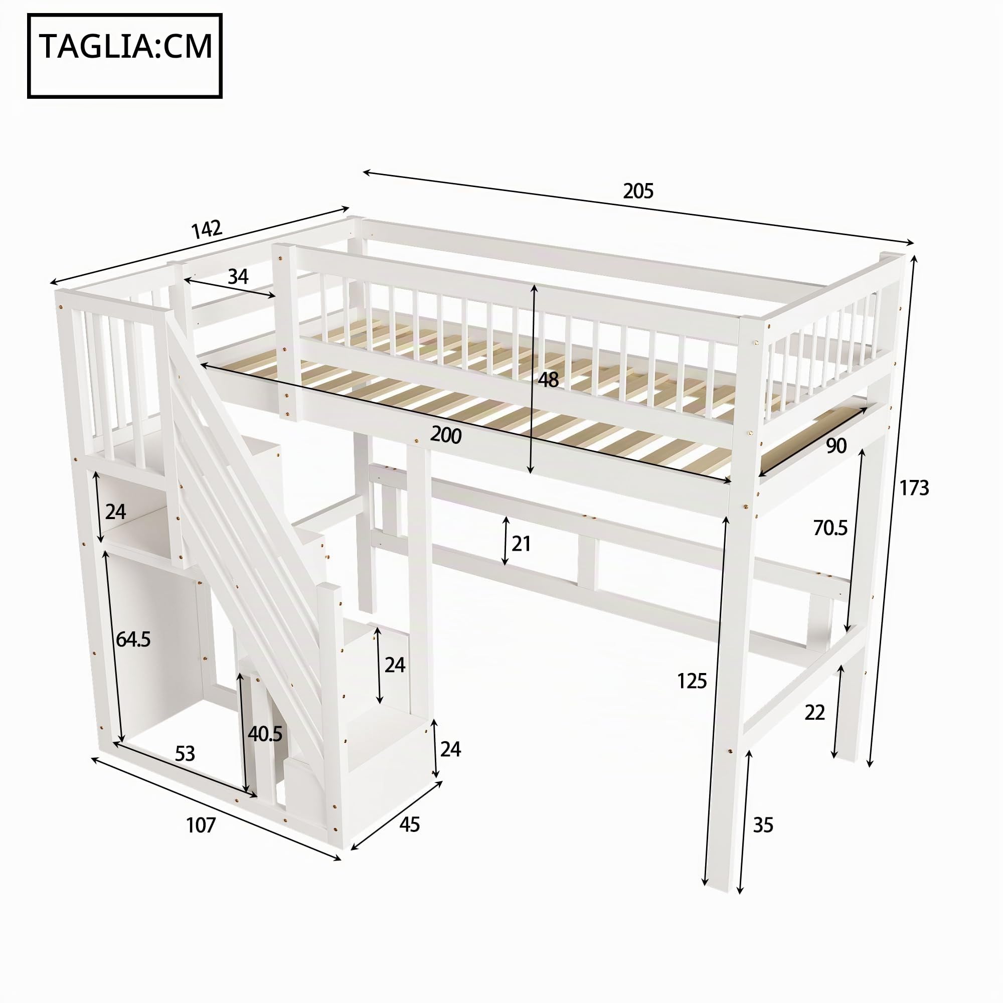 Dolamaní Letto a soppalco 90x200 bianco con scala