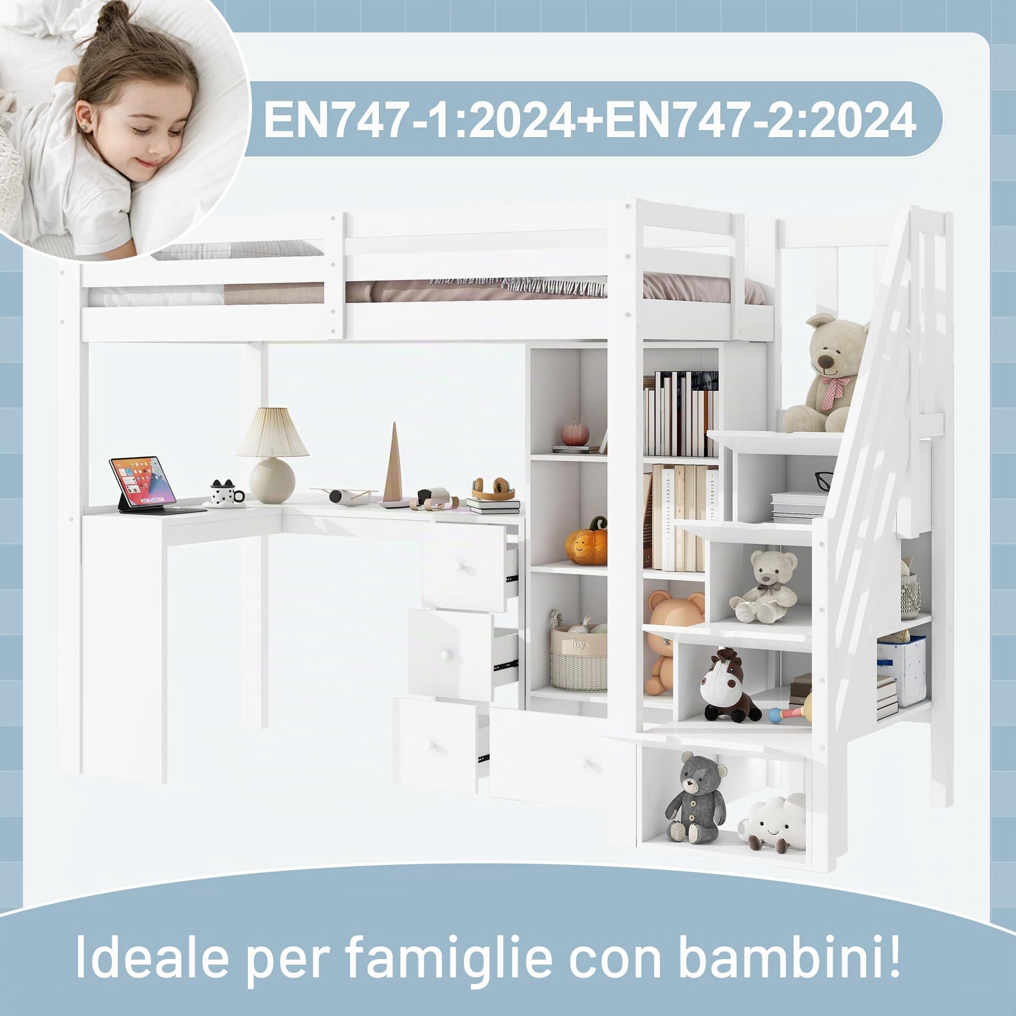 Dolamaní Soppalco Bianco 90x200 con Scrivania Legno