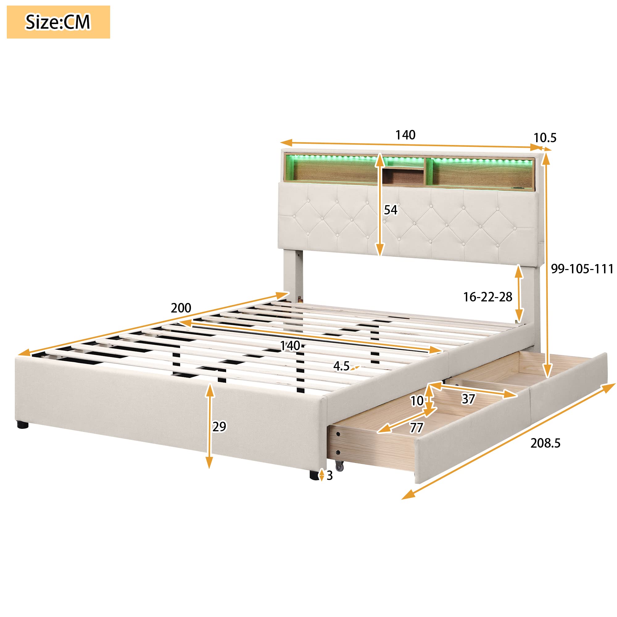 Dolamaní Letto Matrimoniale 140x200 Beige con 2 Cassetti