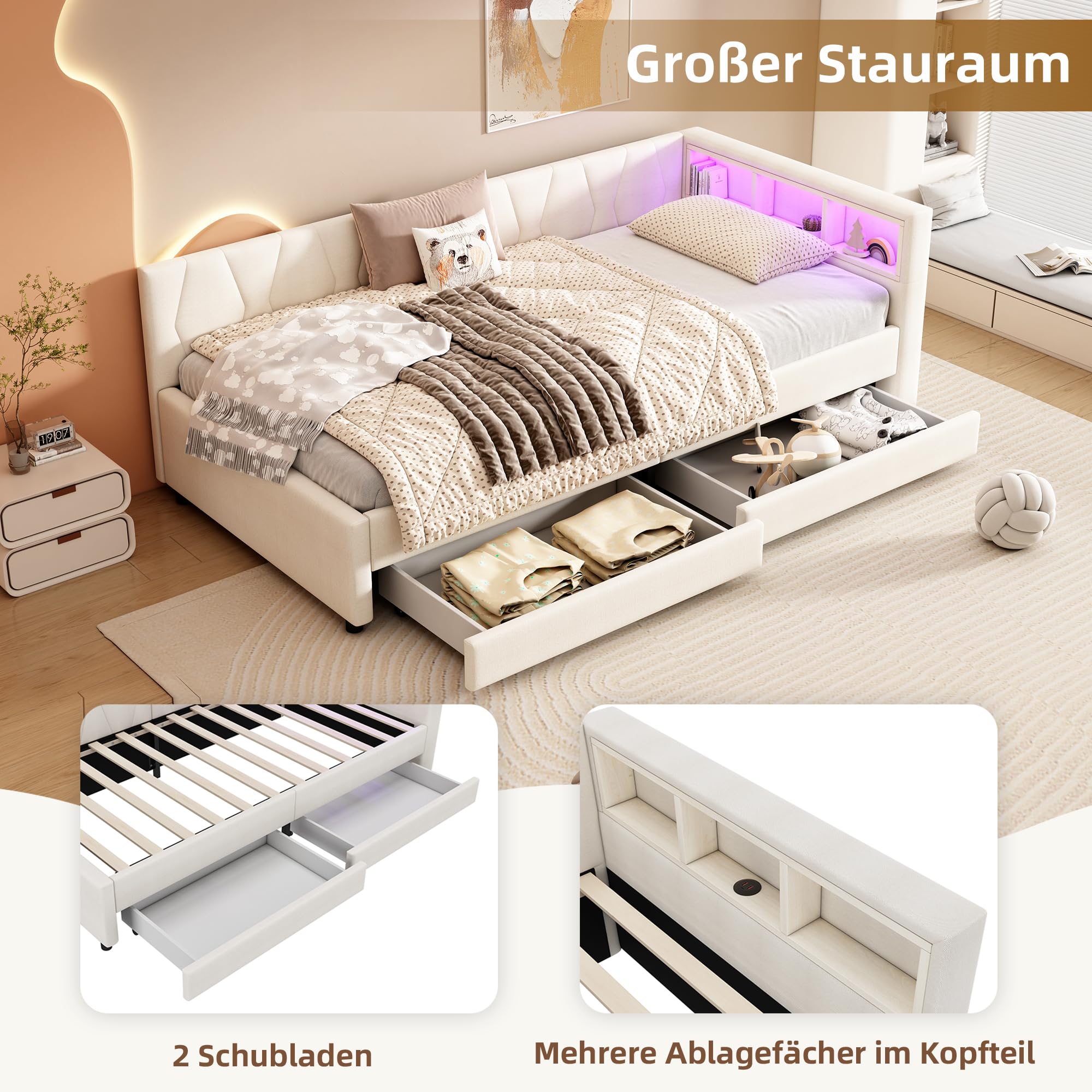 Dolamaní Letto Beige A 90x200 con Cassetti LED Lino