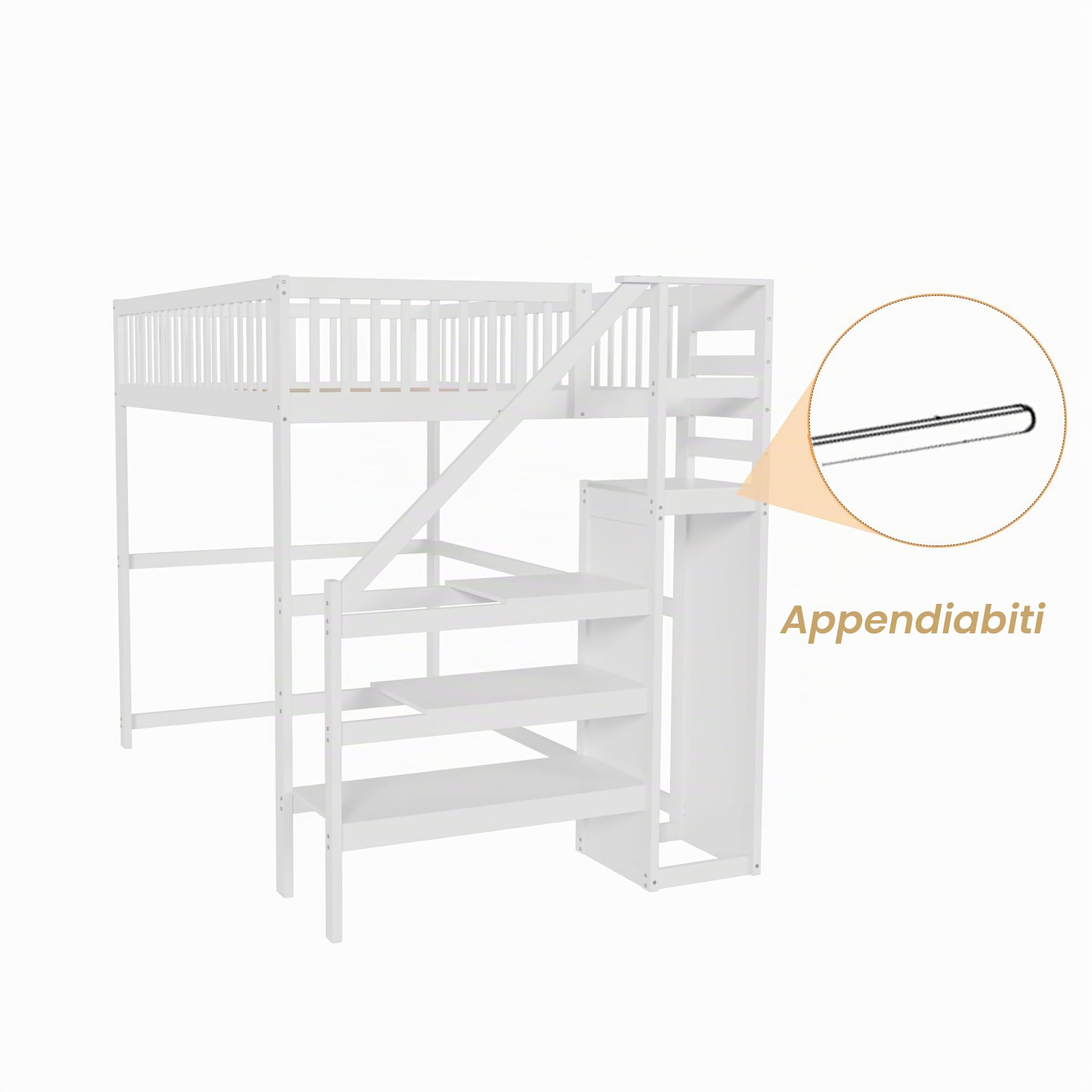 Dolamani letto a soppalco bianco 140x200 in pino con scala