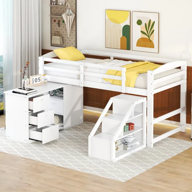 Dolamaní Letto a soppalco 90x200 bianco con scrivania salvaspazio